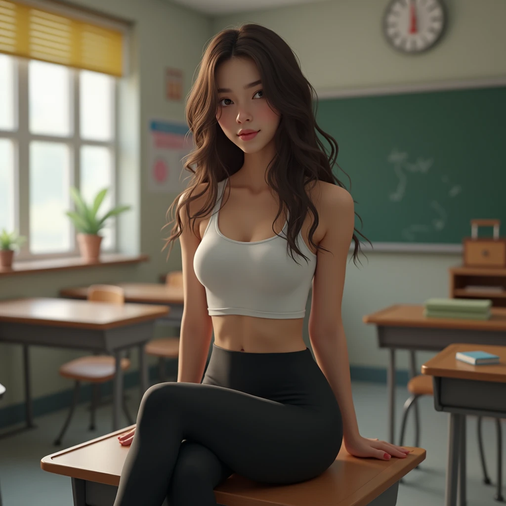 Photo of Jenna Ortega, tank top, black leggings, blue eyes, very long hair, hyper detailed, looking at the viewer, hourglass body, muscular, cozy atmosphere, classroom, photography, photo shoot, captured by Panavision Panaflex Platinum Camera with Panavision Primo Primes 50mm T1.9 spherical lens