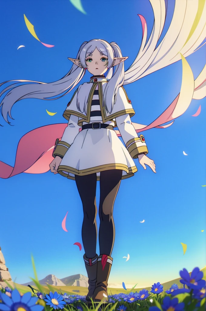 masterpiece,   illustrations,  top quality , 8k,   1 girl, Alone, Frielen,   long hair,   Twin Tails  , (  green eyes:1.2),  Grey Hair,   stars , Elf Frielen ,1 Elf Girl,Alone,whole body， anatomically correct，wind，
 capelets, jacket, striped shirt,Flower Field，Blue Flower， Flying Petals ，青いFlower Field，一面のBlue Flower， bright ，evening，青いFlower Field，fluffy
belt , skirt,Texture，shadow，
 pantyhose,
 boots,wind，God Who Wants ，
Flower Field,sunset,Mountain,lake,null, medium breasts,   sportswear  ,   sports top  ,   shorts, (one-legged tights  ),,  大きな jacket , Thighs,  ((close-up)),  