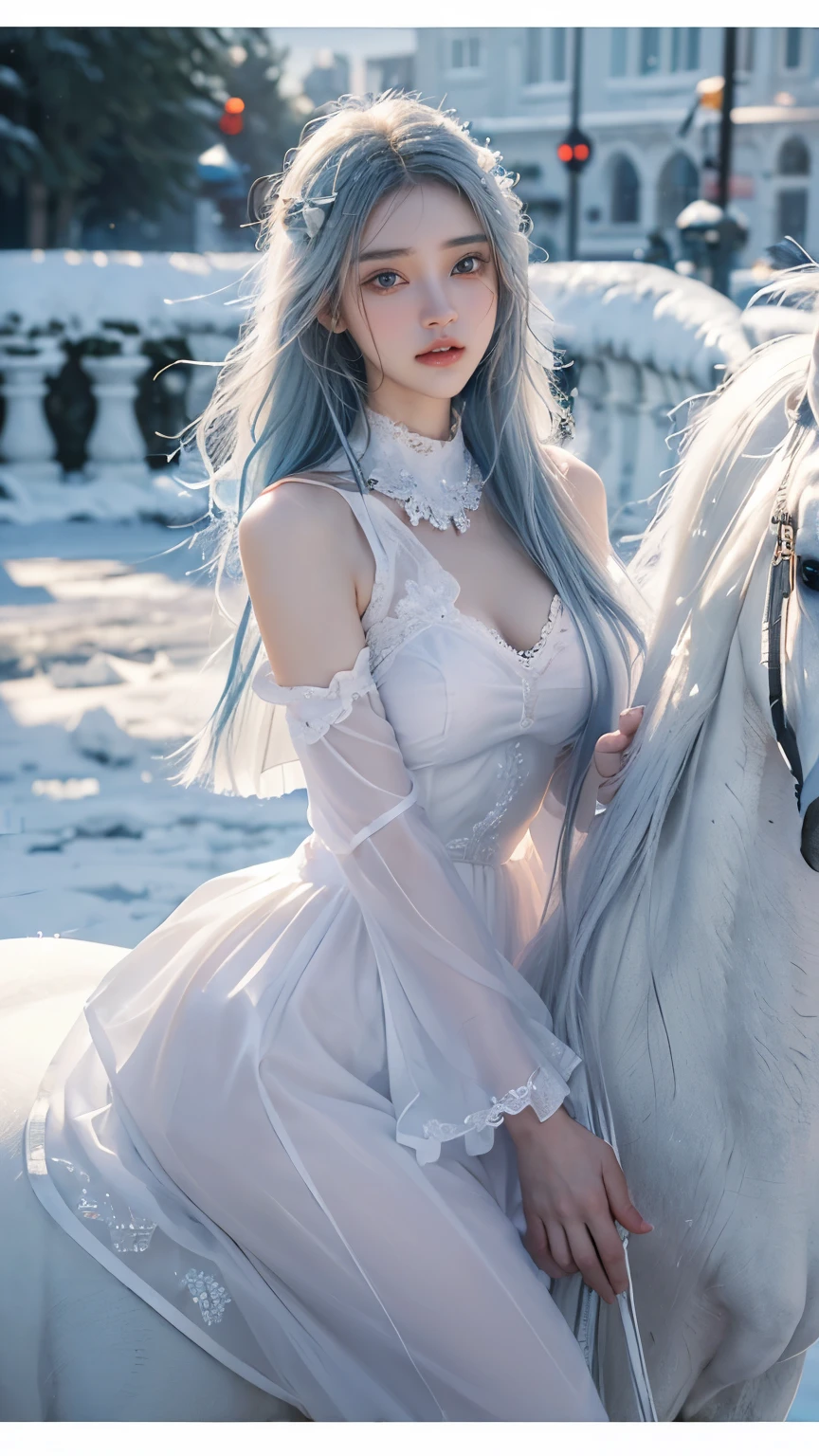 ((masterpiece, (Practical、Beautiful, Young woman, In the crystal and ice zone, Snow, horse riding, A white horse,  Gradient Hairstyle, White hair,  blue hair , Long hair, Eye Reflection, Contempt, Ray Tracing, Reflected Light, Vague, Glowing Light,  Depth of Field, Chiaroscuro, Stereogram, Scaling Layer, Cowboy shooting, f/2.8, Bokeh, masterpiece,  are of the best quality, High quality, HD