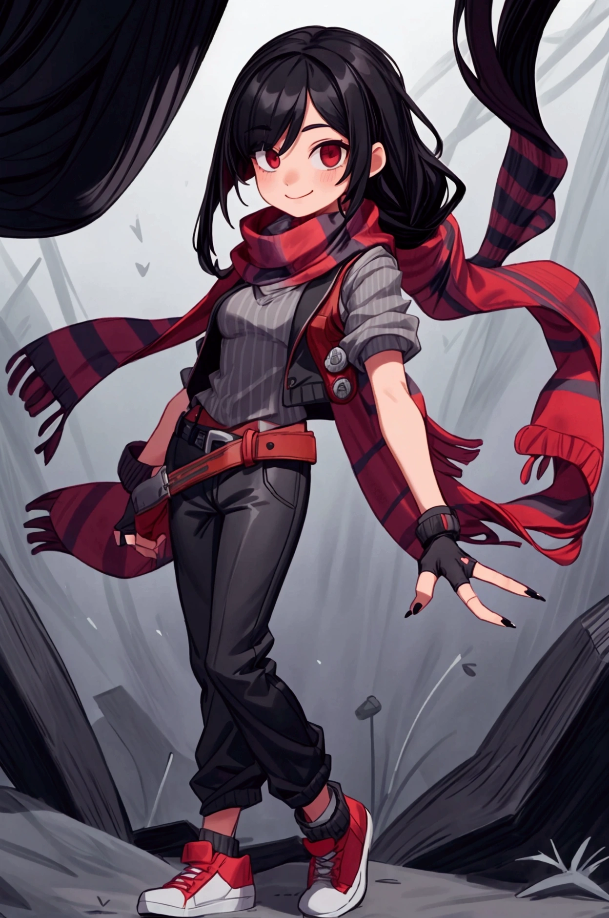 Girl, focus, black hair, long hair, hair over one eye, black nails, striped scarf, scarf over mouth, gray shirt, red vest, fingerless gloves, belt, black pants, shoes, pronounced big breast, smile, indoor

