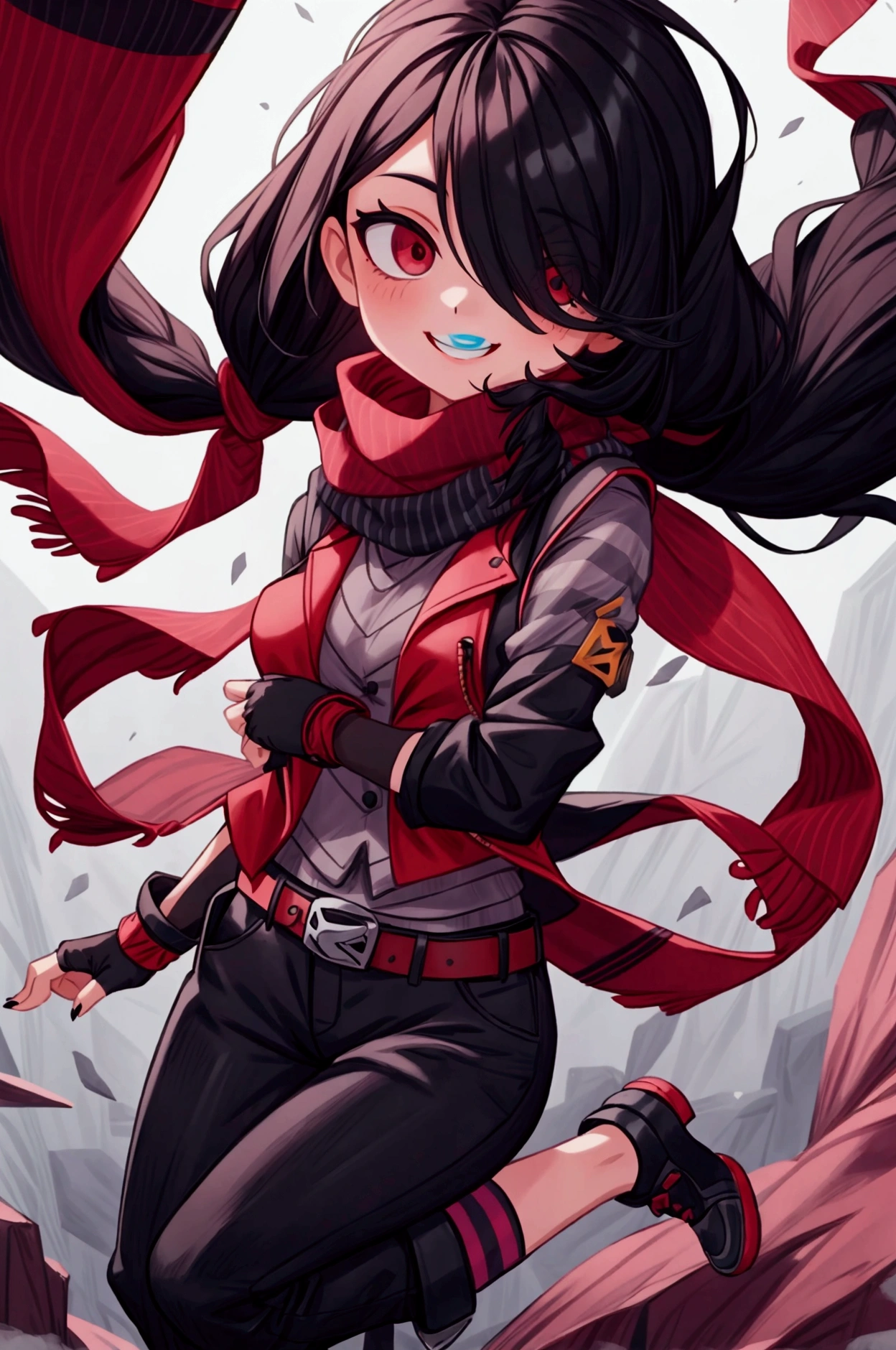 Girl, focus, black hair, long hair, hair over one eye, black nails, striped scarf, scarf over mouth, gray shirt, red vest, fingerless gloves, belt, black pants, shoes, pronounced big breast, smile, indoor

