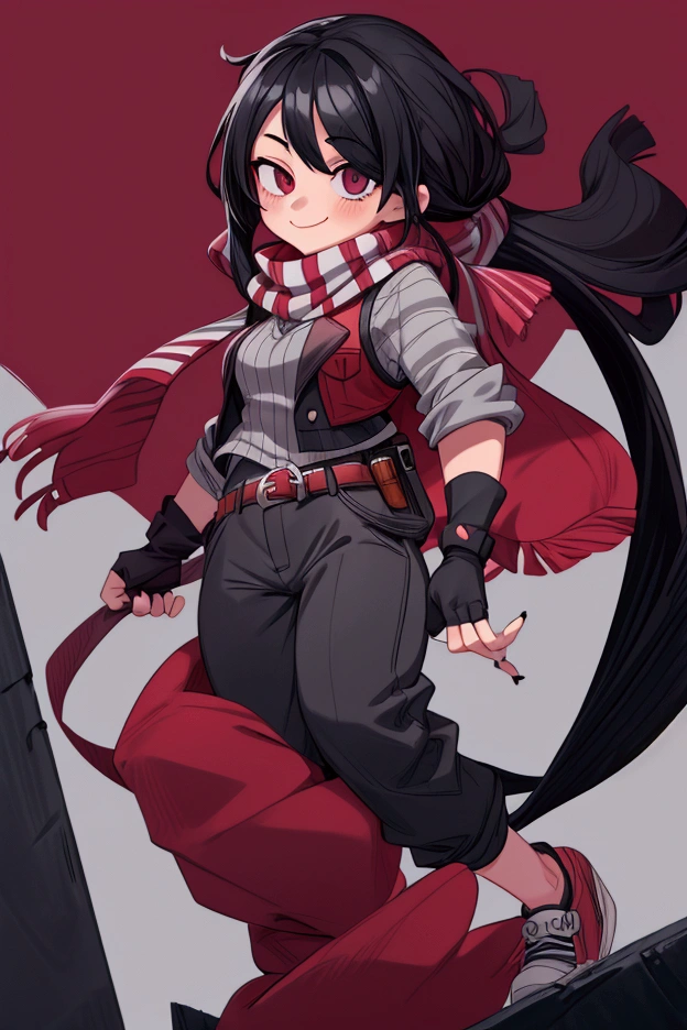 Girl, focus, black hair, long hair, hair over one eye, black nails, striped scarf, scarf over mouth, gray shirt, red vest, fingerless gloves, belt, black pants, shoes, pronounced big breast, smile, indoor

