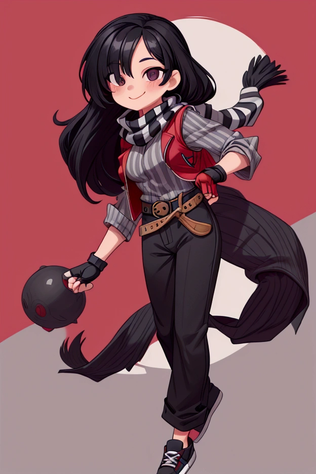 Girl, focus, black hair, long hair, hair over one eye, black nails, striped scarf, scarf over mouth, gray shirt, red vest, fingerless gloves, belt, black pants, shoes, pronounced big breast, smile, indoor

