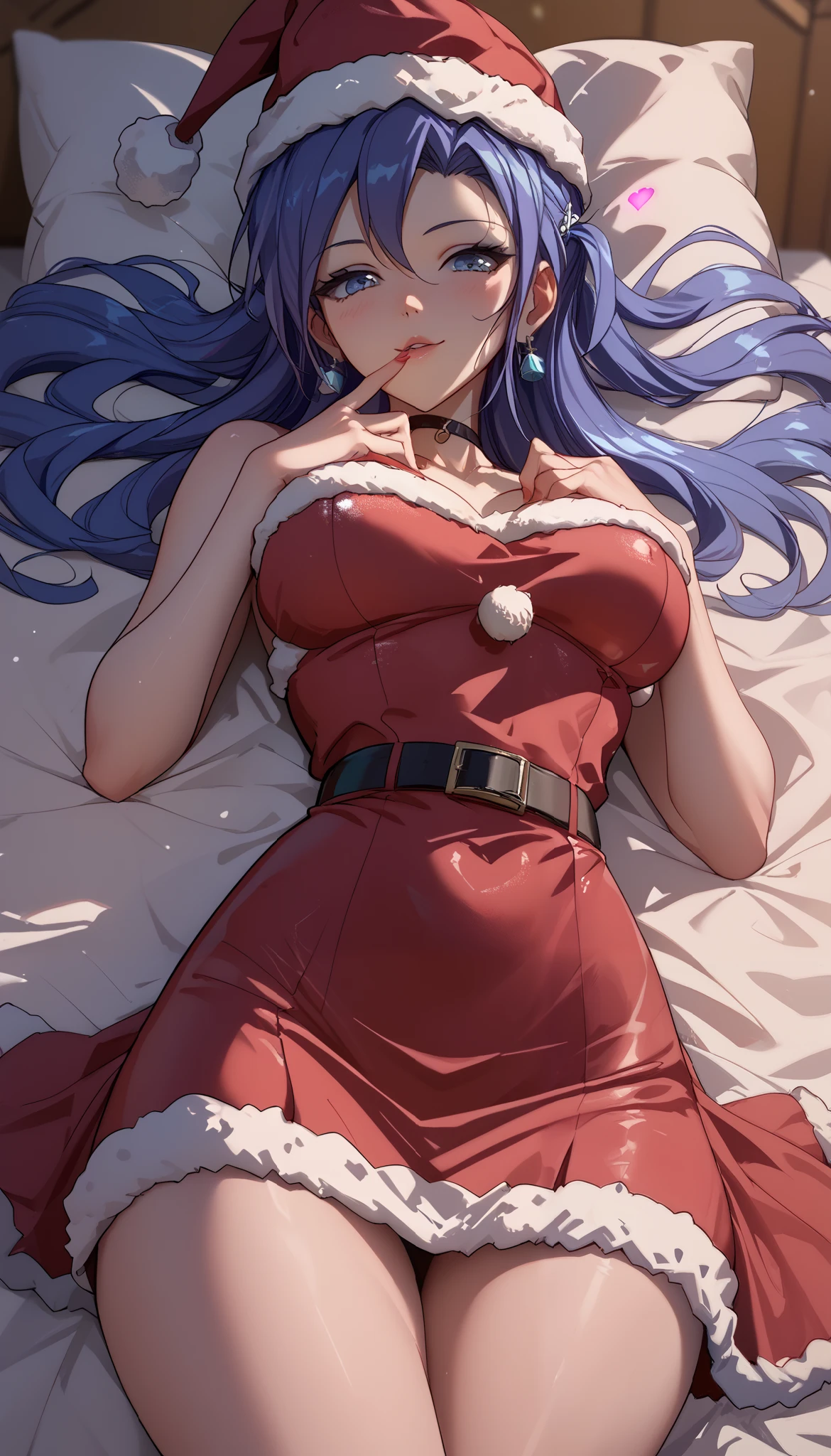 1 girl、kazanari_tsubasa、Shiny Hair、Tight waist、Small waist、Glowing Skin、lying on the bed、bedroom background , eight-headed body、Beauty、Santa_Dress、Santa Hat