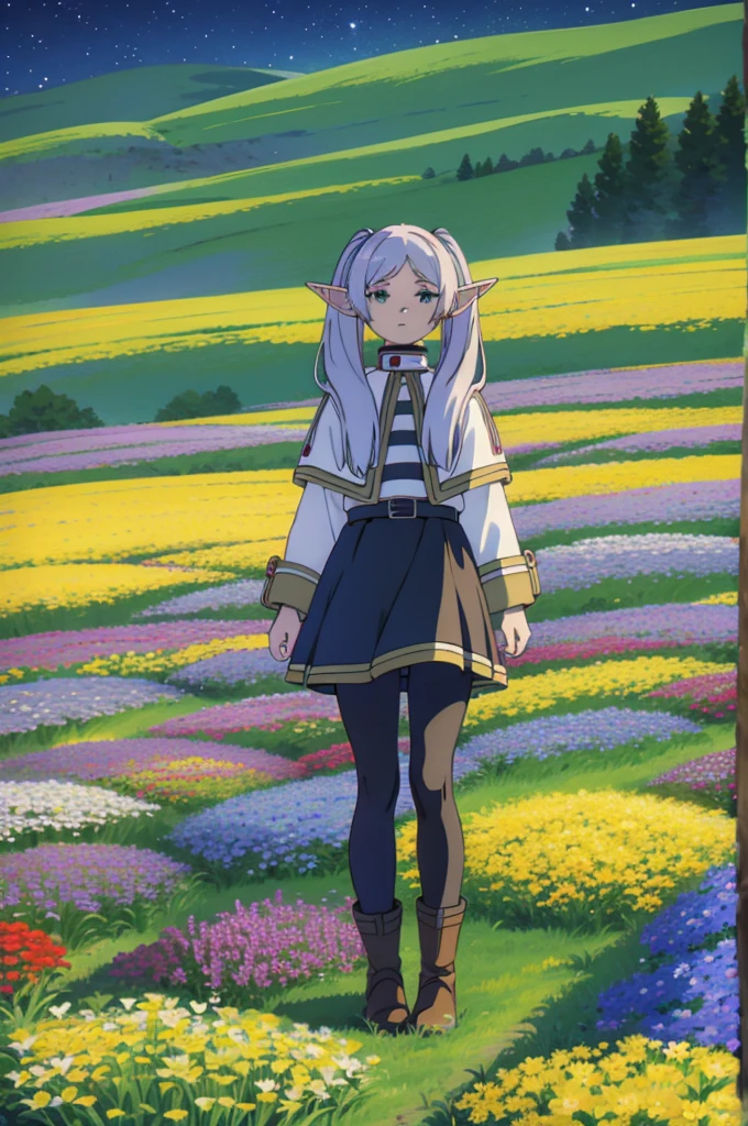 masterpiece,   illustrations,  top quality , 8k,   1 girl, Alone, Frielen,  長いhair,   Twin Tails  , (  green eyes:1.2),  灰色のhair,   stars , Elf Frielen ,1 Elf Girl,Alone,whole body， anatomically correct，wind，hair，
 jacket, striped shirt,Flower Field，Blue Flower， Flying Petals ，青いFlower Field，一面のBlue Flower， bright ，evening，青いFlower Field，fluffy
belt , skirt,Texture，shadow，
 pantyhose,
 boots,wind，God Who Wants ，
Flower Field,sunset,Mountain,lake,null, medium breasts,   sportswear  ,   sports top  ,   shorts, (one-legged tights  ),,  大きな jacket , Thighs,  ((close-up)),  