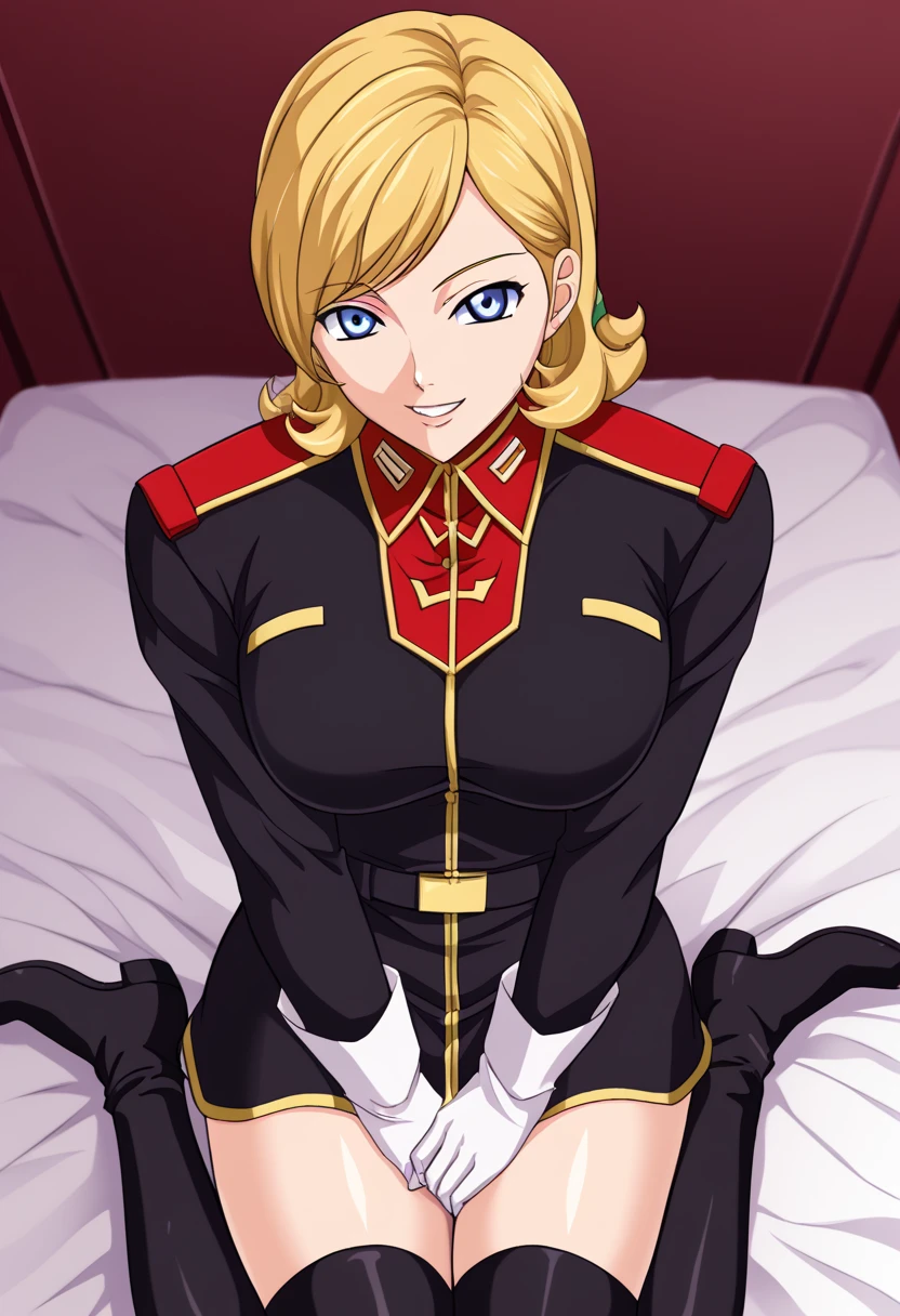 score_9、 score_8_up、 score_7_up、  1 girl、Alone、  1 girl、mily_ashford, blonde hair, blue eyes, long hair,Big Breasts、、{{{{  titan costume  }}}}、、uniform、  Long Sleeve  、、  black calf-length socks  、Knee Boots、  Black Bed  room、  CASTLE ROOM CLOSET  、  Black Bed  、  Black Bed  に横たわる、、happiness、smile、  from above,