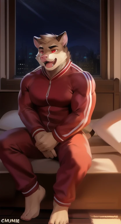 Highest quality, Highest quality, High quality illustrations, masterpiece, Ultra-high resolution, Detailed Background, room, Absurd, Perfect Anatomy, performance, Good lighting, Shadows in the movies(kemono, Furry Personifi猫ion), Tiger, Rubber Suit, latex, neon, neonライト, neonカラー, Bodysuits, Cyber Suit, cyber punk, Red Rubber Hoodie, Sit on the sofa, Earrings, Tattoo, Huge bulge, Dynamic Angle