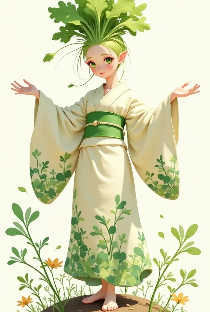 Create an image of a Japanese Yukata printed a daikon lady