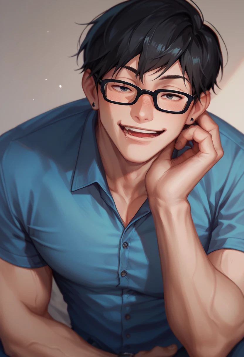 Guy, blue polo, cute posing, anatomy, good anatomy, perfect anatomy, male anatomy, glasses, black hair