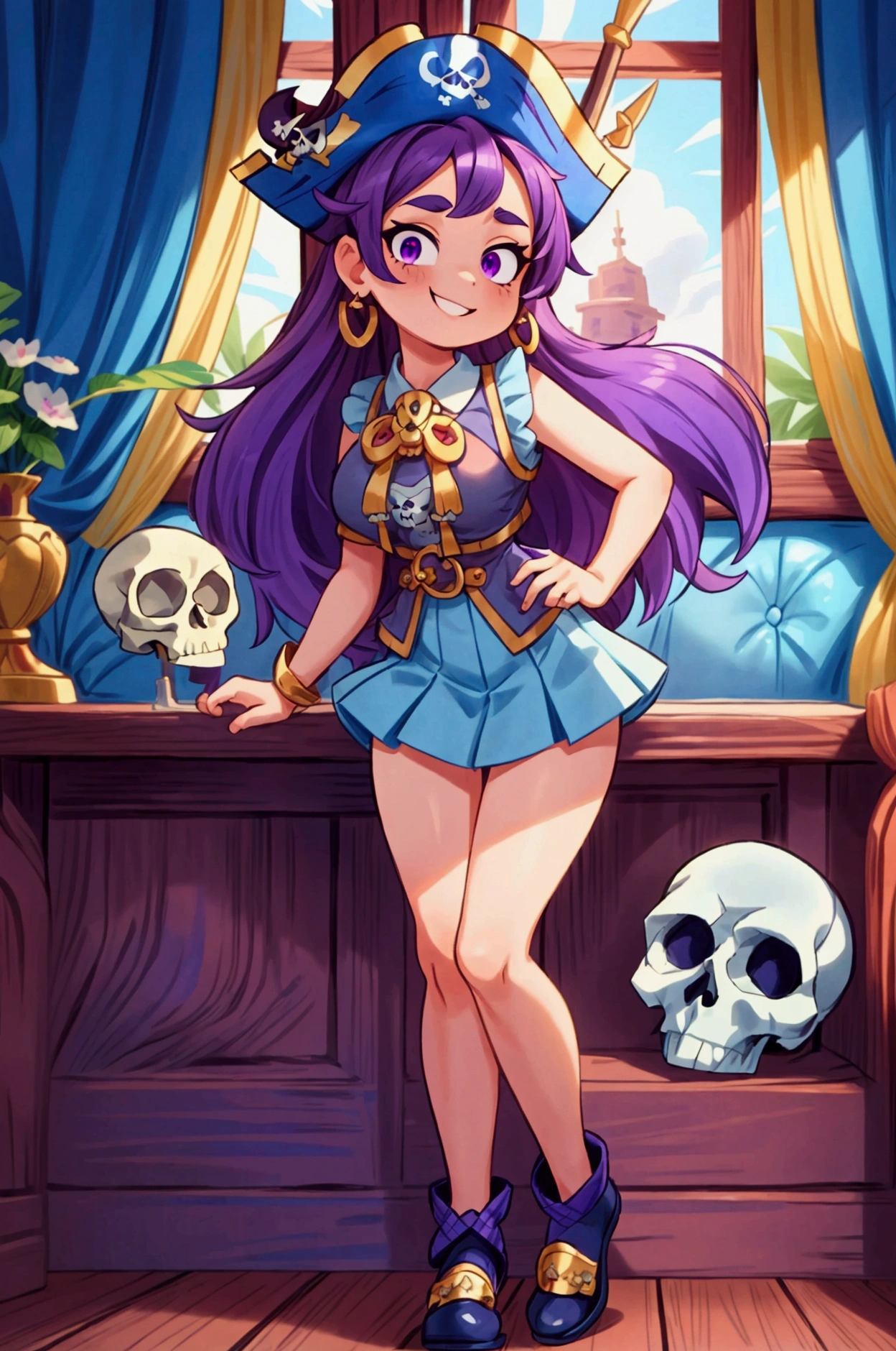 ( masterpiece ,  The best quality) Standing, interior,  intricate details , Sunlight,  dress with sky blue and white striped ruffles short collar,  pirate vest , pirate style, skull emblem ,  cute pirate hat, gold earrings, shoes blue , violet long hair,  purple eyes, smile, bad girl,  slightly raised eyebrows , pose sexy, coquette, lovely legs,  mature teenager's body, beautiful, , pronounced big breasts, smile.