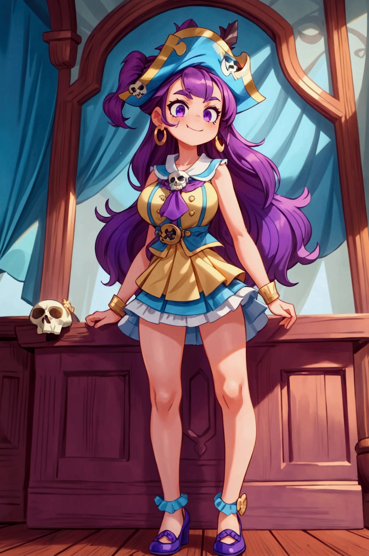 ( masterpiece ,  The best quality) Standing, interior,  intricate details , Sunlight,  dress with sky blue and white striped ruffles short collar,  pirate vest , pirate style, skull emblem ,  cute pirate hat, gold earrings, shoes blue , violet long hair,  purple eyes, smile, bad girl,  slightly raised eyebrows , pose sexy, coquette, lovely legs,  mature teenager's body, beautiful, , pronounced big breasts, smile.