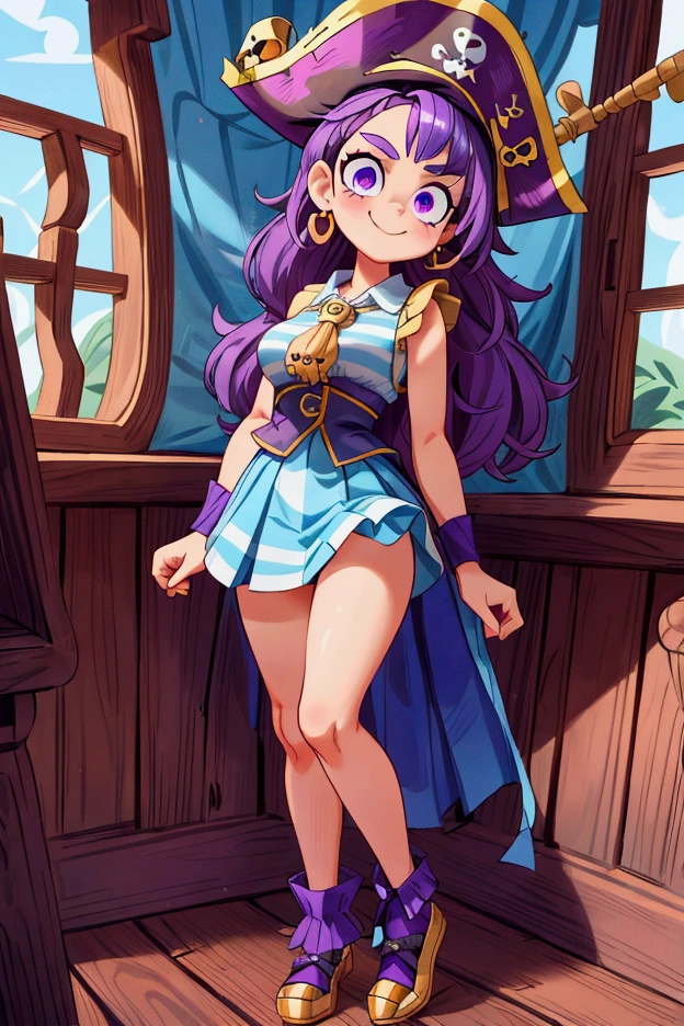 ( masterpiece ,  The best quality) Standing, interior,  intricate details , Sunlight,  dress with sky blue and white striped ruffles short collar,  pirate vest , pirate style, skull emblem ,  cute pirate hat, gold earrings, shoes blue , violet long hair,  purple eyes, smile, bad girl,  slightly raised eyebrows , pose sexy, coquette, lovely legs,  mature teenager's body, beautiful, , pronounced big breasts, smile.