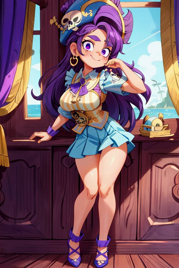 ( masterpiece ,  The best quality) Standing, interior,  intricate details , Sunlight,  dress with sky blue and white striped ruffles short collar,  pirate vest , pirate style, skull emblem ,  cute pirate hat, gold earrings, shoes blue , violet long hair,  purple eyes, smile, bad girl,  slightly raised eyebrows , pose sexy, coquette, lovely legs,  mature teenager's body, beautiful, , pronounced big breasts, smile.