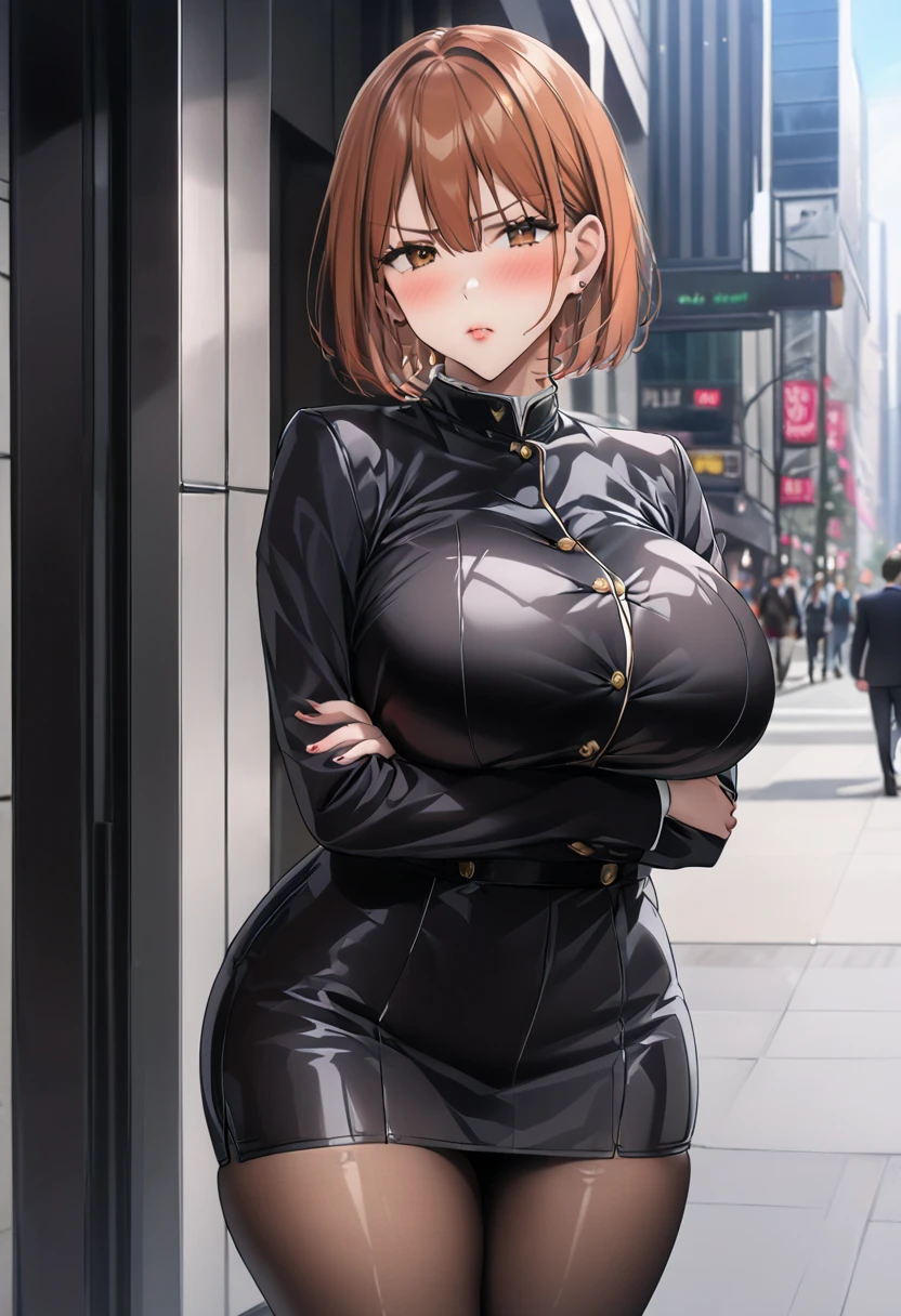     detailed face    ,     detailed body rendering   ,   Alone、  masterpiece ,     High Quality    , 8k,   is written by,    thigh thickness , shiny skin,SKINNING    ,{{{{{    game cg}}}}},, 最    High Quality    ,     High Quality   ,     very sophisticated ,In the city,Big Breasts, thick thighs,引き締まった体、 Nagasaki Wild Rose、 Nagasaki Wild Rose、 bob cut、 brown eyes、orange hair,lips、 short hair、Big Breasts、,  Nagasaki Wild Rose、 brown hair 、 brown eyes、Big Breasts、 black uniform、 black pantyhose,(( standing with different breasts )), cross your arms a little、blush, frowns