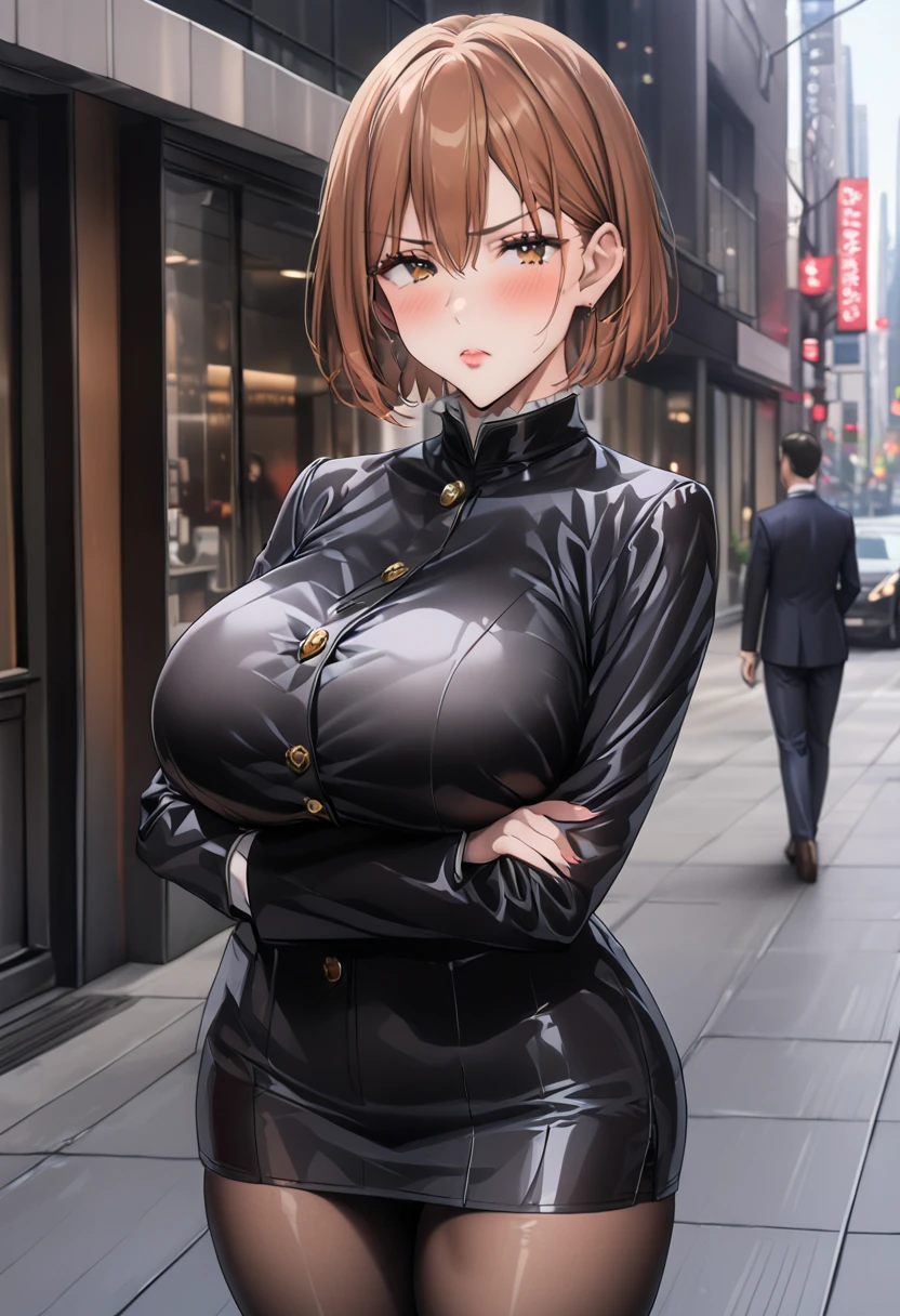     detailed face    ,     detailed body rendering   ,   Alone、  masterpiece ,     High Quality    , 8k,   is written by,    thigh thickness , shiny skin,SKINNING    ,{{{{{    game cg}}}}},, 最    High Quality    ,     High Quality   ,     very sophisticated ,In the city,Big Breasts, thick thighs,引き締まった体、 Nagasaki Wild Rose、 Nagasaki Wild Rose、 bob cut、 brown eyes、orange hair,lips、 short hair、Big Breasts、,  Nagasaki Wild Rose、 brown hair 、 brown eyes、Big Breasts、 black uniform、 black pantyhose,(( standing with different breasts )), cross your arms a little、blush, frowns