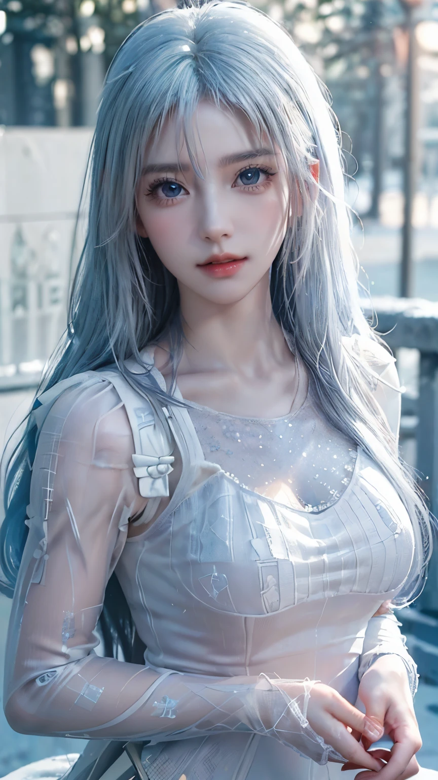 ((masterpiece, (Practical、Beautiful, Young woman, In the crystal and ice zone, Snow, horse riding, A white horse,  Gradient Hairstyle, White hair,  blue hair , Long hair, Eye Reflection, Contempt, Ray Tracing, Reflected Light, Vague, Glowing Light,  Depth of Field, Chiaroscuro, Stereogram, Scaling Layer, Cowboy shooting, f/2.8, Bokeh, masterpiece,  are of the best quality, High quality, HD