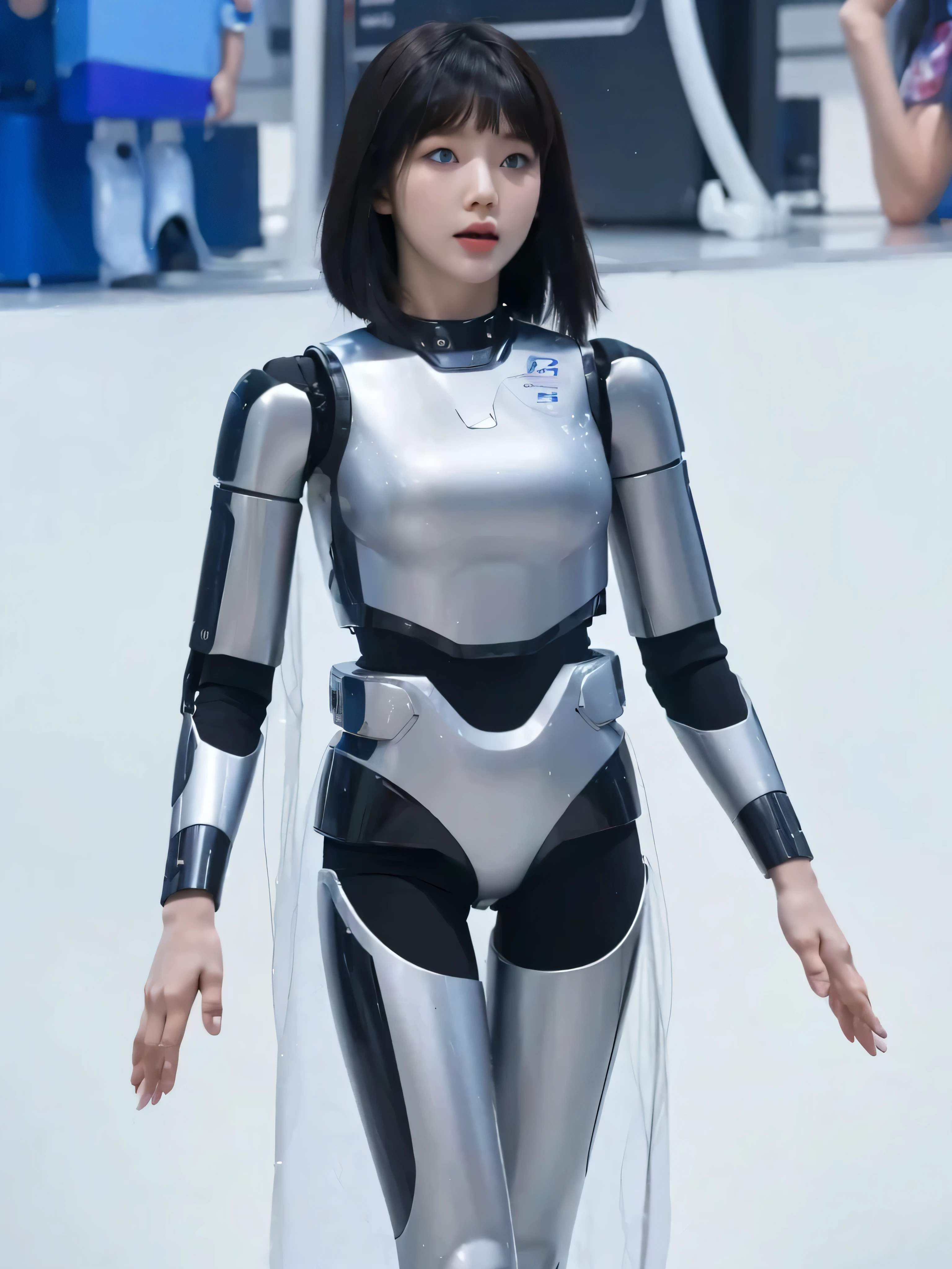 masterpiece, best quality, extremely detailed, Korean android girl,Plump , control panels,android,Droid,Mechanical Hand, Robot arms and legs, Black hair,Blunt bangs,perfect robot girl,long tube,thick cable connected her neck,android,robot,humanoid,cyborg,korean cyborg girl ,robot-assembly plant,She is assembled now,assembly scene,chest monitor camera eyes, body by hrp-4c, face by aespa karina, blue eyes