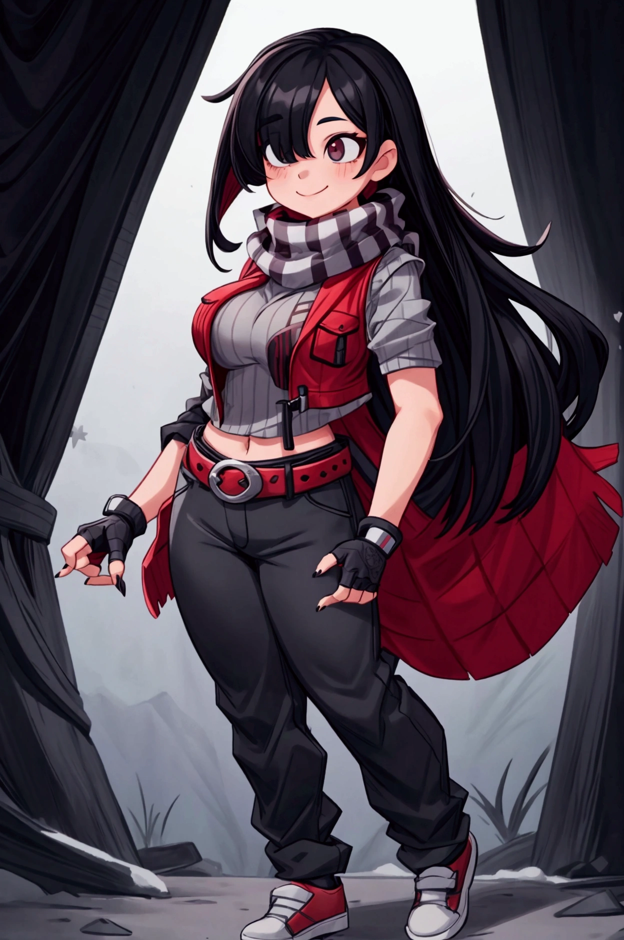 Girl, focus, black hair, long hair, hair over one eye, black nails, striped scarf, scarf over mouth, gray shirt, red vest, fingerless gloves, belt, black pants, shoes, pronounced big breast, smile, indoor

