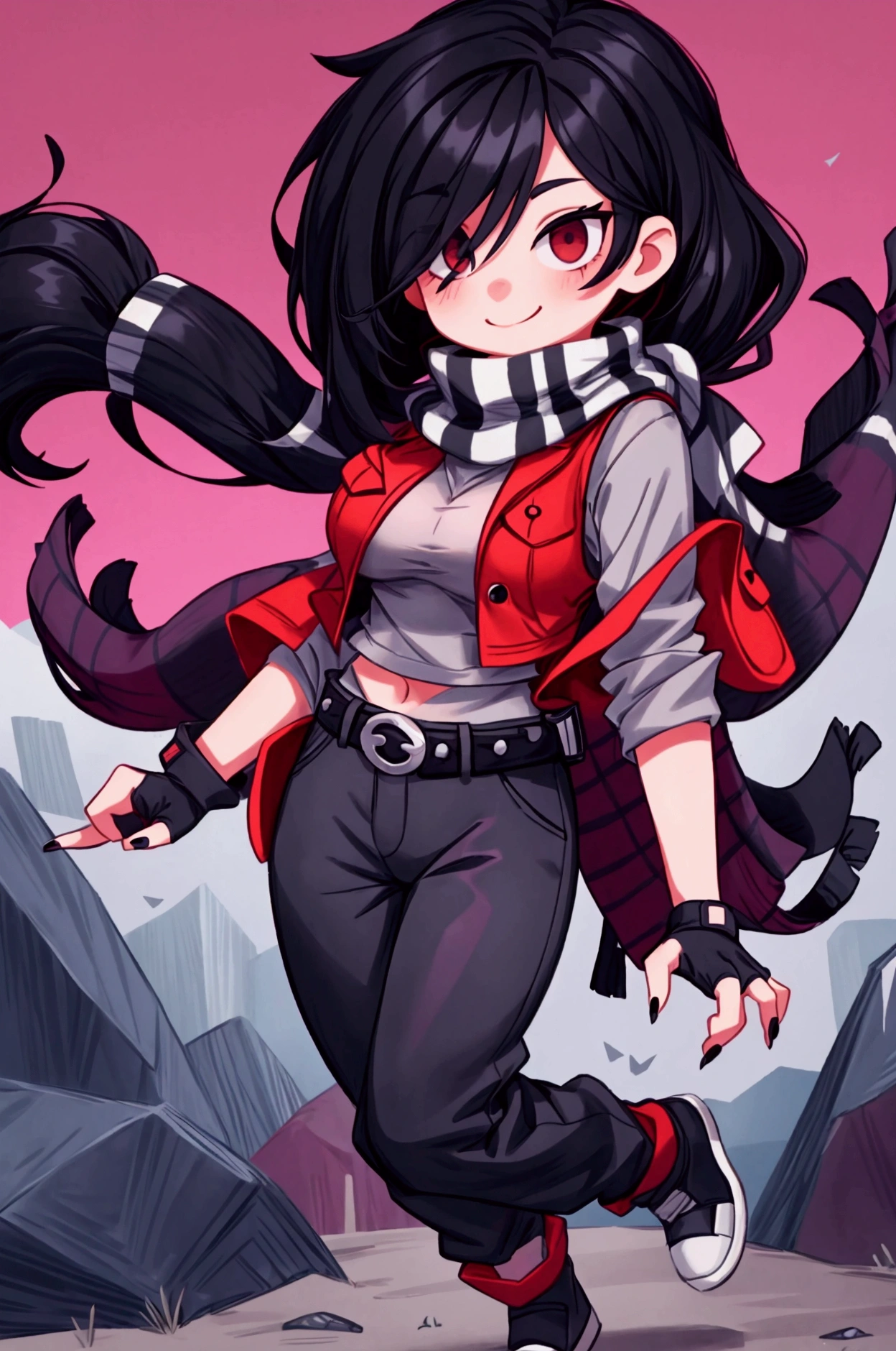 Girl, focus, black hair, long hair, hair over one eye, black nails, striped scarf, scarf over mouth, gray shirt, red vest, fingerless gloves, belt, black pants, shoes, pronounced big breast, smile, indoor

