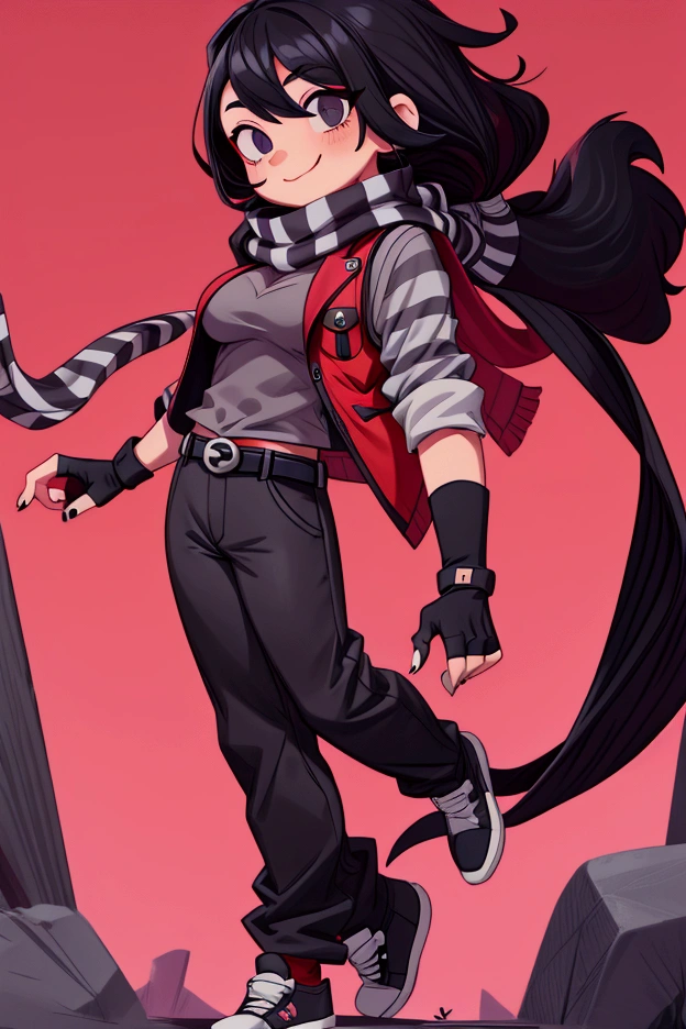 Girl, focus, black hair, long hair, hair over one eye, black nails, striped scarf, scarf over mouth, gray shirt, red vest, fingerless gloves, belt, black pants, shoes, pronounced big breast, smile, indoor

