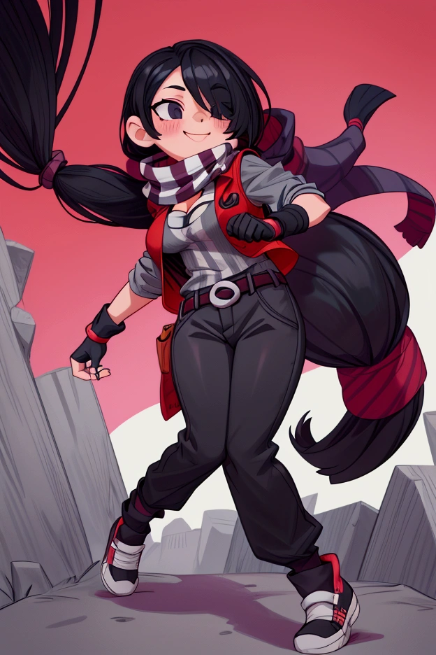 Girl, focus, black hair, long hair, hair over one eye, black nails, striped scarf, scarf over mouth, gray shirt, red vest, fingerless gloves, belt, black pants, shoes, pronounced big breast, smile, indoor

