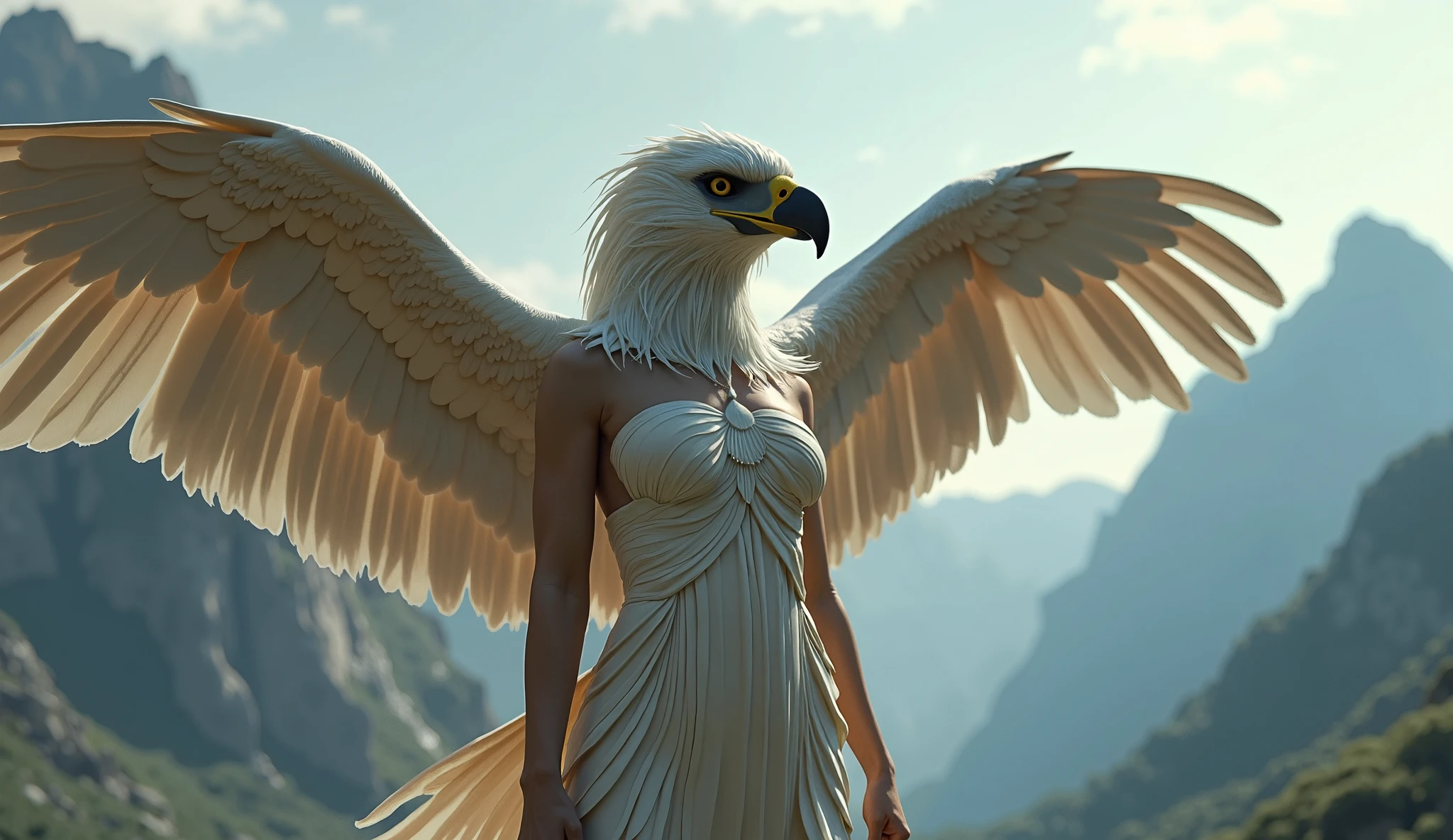 fking_scifi_v2, award winning portrait of a werecreature, close up, 80mm, f/1.8,
eagle headed woman wearing (feathered LnF dress:1.2),  
mountain background , <lora:LnF21:0.8>