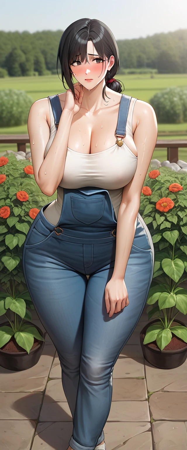 4K, masterpiece,gardener , kvinner,Black hair,Black eyes,Hair tie,สวนBackyard,plant,vegetable,gardener,earth,Sexy, big-breasted panties, Wide Hips ,Shy,realistically,White skin, outside,mess up,milf,tank top,earth,rock,sweat,Backyard,Wear overalls,long overalls, facing sideways,Turn sideways ,เearthผ่านกล้อง