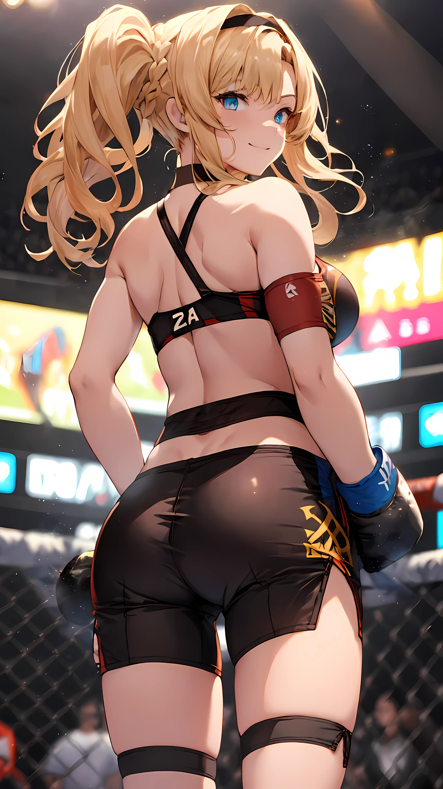 zetadef, braid, hair intakes, twintails, hairband,
Detailed eyes,(wearing sports wear:1.5, bare thigh), slim long legs, large breast, Perfect body,(Independent),(on MMA Arena :1.5), smirking, Toned body, Ultra HD,Detailed eyes,Detailed face, cowboy shot, looking at viewer,(from behind below), twisting the waist,depth of field,