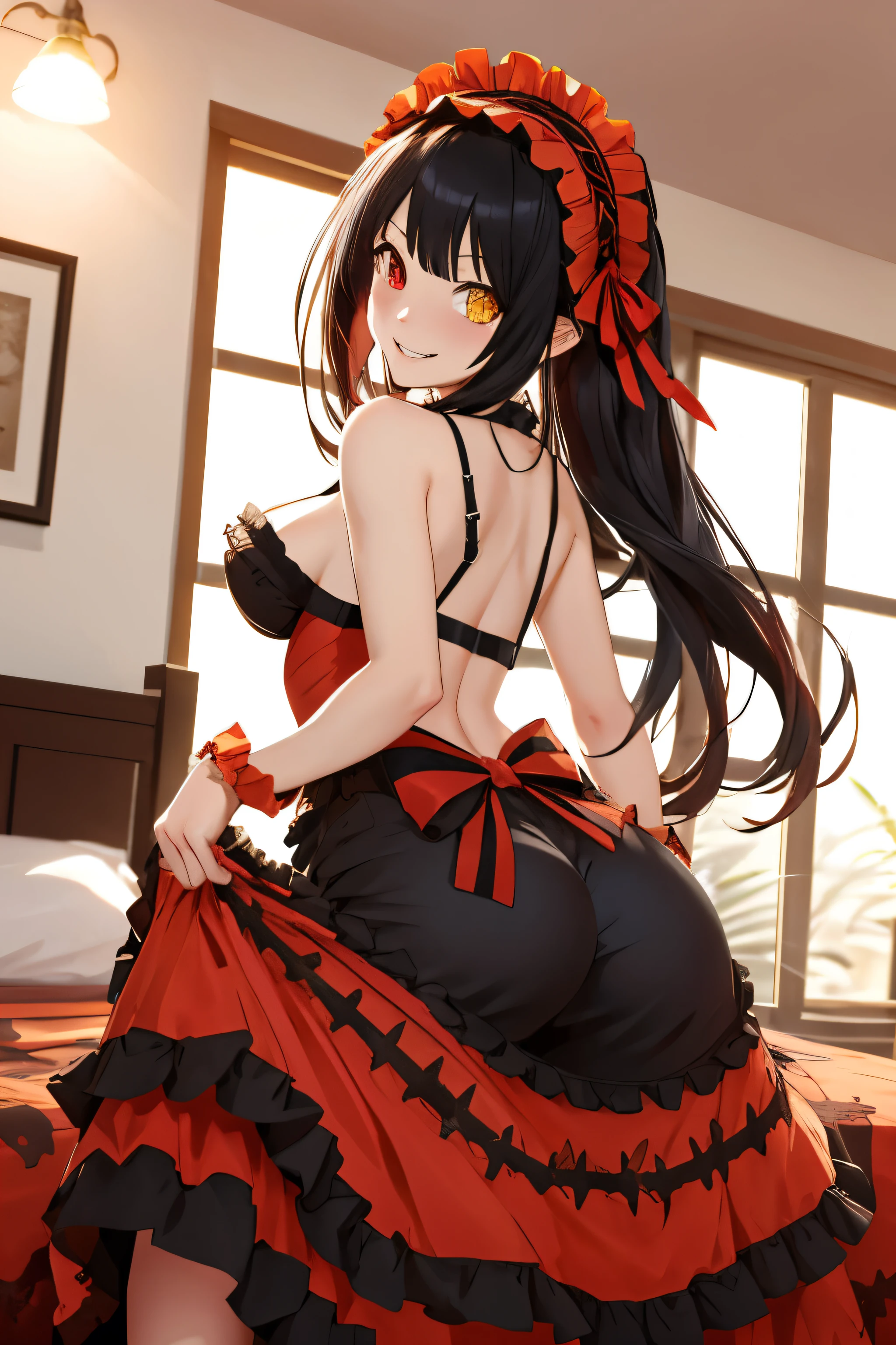  main part , highest quality, maximum,  1girl, vacuum cleaner,  long hair,  Double tails ,  hairband, Heterochromia,  medium chest , Stratification,  black boa ,  red ribbon ,  naked shoulders , lo gothic ,  red dress, red bow,  selected manga , red skirt,  segurando hand , in the house, lies on the bed, big boobs, big ass , shows her naked ass to the viewer, Evil smile, teeth are visible.