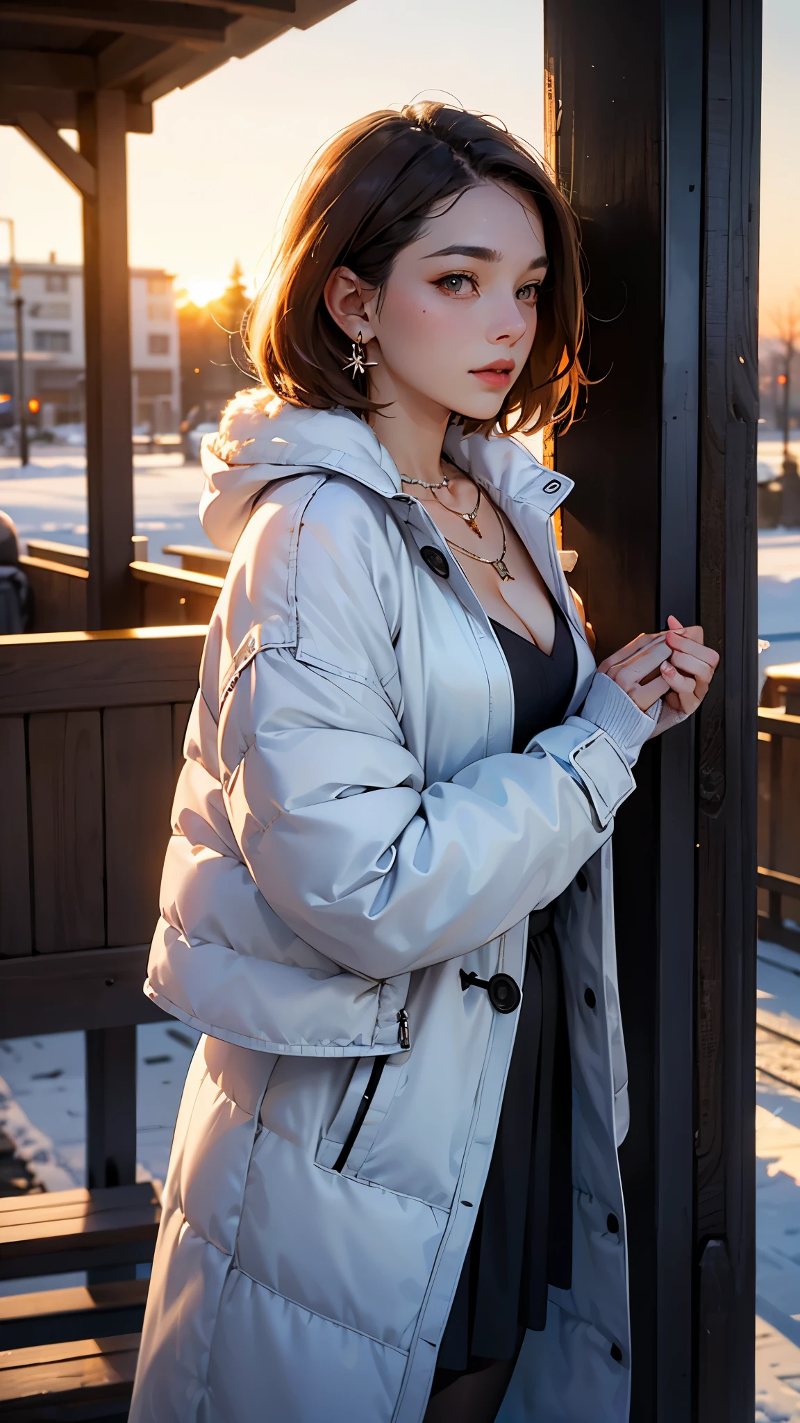 1girl, pretty, cute face, most beautiful in the world, soft, delicate, standing, warming own hands, in winter, she is waiting for, looking at viewer, (((HD photo))), ultra high res, photorealistic:1.4, UHD, masterpiece, trending on artstation, portrait, closeup of face and cleavage, (brown hair, short hair, detailed description), detailed sharp face, detailed skin, (wearing a necklace and earrings), (wearing a white winter coat, BREAK sweater, brown long skirt, pantyhose), perfect description, (beautiful sunset, winter, at station platform)