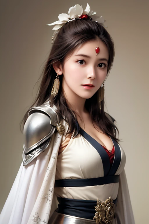 ((The upper body of a female warrior wearing silver and white armor and cloak:1.3)),1 person, 20th Generation, black hair,  belly shortcut ,Cleavage , highly detailed face and skin textures  ,  staring at the camera,   Chinese Warrior  ,  perfect beauty: 1.4, fine grain,   double eyelids wearing a judo uniform  ,  whitening for women with bristles, top quality ,  super high resolution  ,  simple background，Symmetrical normal eyes   ,  hair ornament, Slim Waist ,