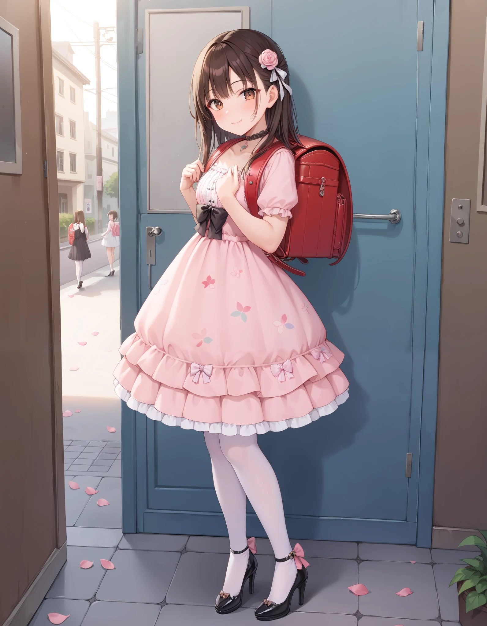 Masterpiece, hd, 1girl,  smile, looking at viewer, in doors, spring,pink dress, gothic dress, brown hair, long hair, hair ornaments, brown eyes, glowing eyes,  long hair, white thighhighs, high heels, frilled dress,  detailed face, petals, flower patterned dress,  choker, Outdoor, street, kawaii, wearing Randoseru backpack, red backpack, looking at viewer 