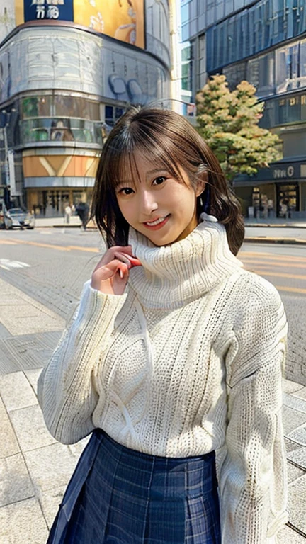 photorealistic, high-definition, A young Japanese woman, age 18, with a round, youthful face and a cheerful smile, wearing a white turtleneck sweater and a stylish skirt. She has a slender figure with a noticeable bust. She is walking down a lively street in Ginza, Tokyo, with city buildings, storefronts, and fashionable pedestrians in the background. Natural sunlight illuminates the scene, and her pose is casual and confident. Photorealistic, high-resolution, detailed facial features, modern urban setting.