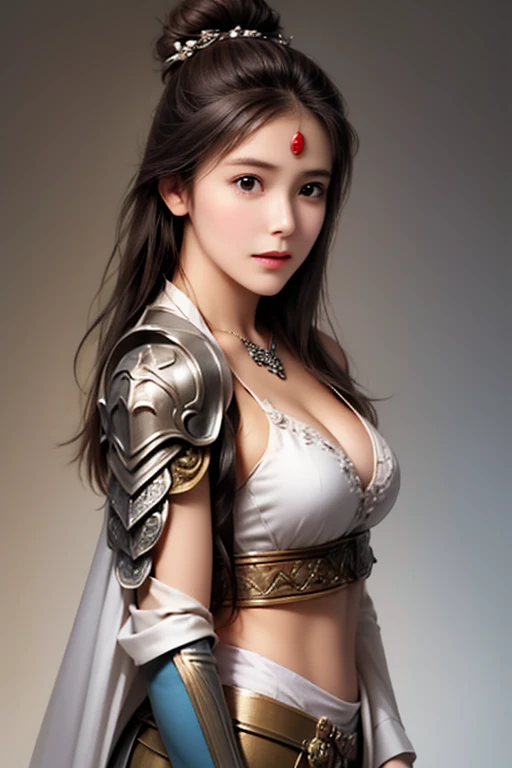 ((The upper body of a female warrior wearing silver and white armor and cloak:1.3)),1 person, 20th Generation, black hair,  belly shortcut ,Cleavage , highly detailed face and skin textures  ,  staring at the camera,   Chinese Warrior  ,  perfect beauty: 1.4, fine grain,   double eyelids wearing a judo uniform  ,  whitening for women with bristles, top quality ,  super high resolution  ,  simple background，Symmetrical normal eyes   ,  hair ornament, Slim Waist ,