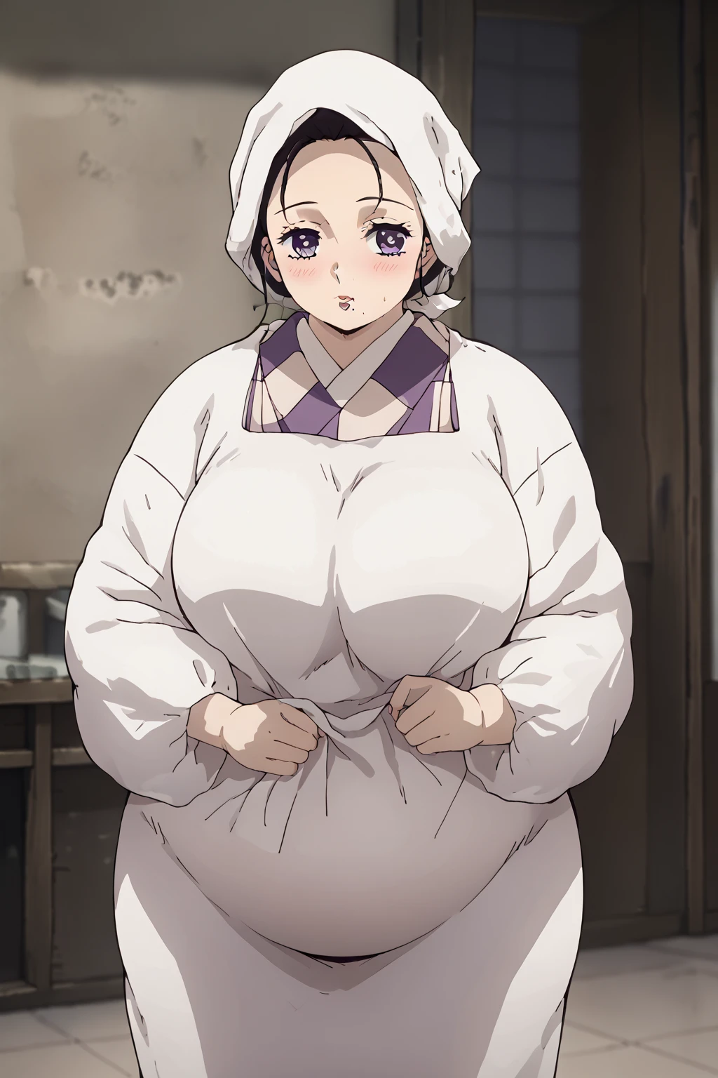  Kamado Aoie , Kamado Kie ,  mature woman, One Woman ,Alone,  purple eyes , black hair, mall under mouth , head scarf ,kimono,Japanese clothing, apron,Kappo, score_9,   score_8_up,   score_7_up,   score_6_up,   score_5_up,   score_4_up,     masterpiece   ,   top quality,     very aesthetic  ,    absurd,    source_Anime, Anime screencap,    one woman , Alone,   personal   ,  Super huge breasts, ((( super huge clevis, Super huge , Super huge boob))), Curvy,   chubby ,  Mature Woman,  chubby, ssbbw,   obese ,blush,  troubled expression、 sloppy stomach、Three-section abdomen、Plump belly、I'm worried about belly fat 、 face forward