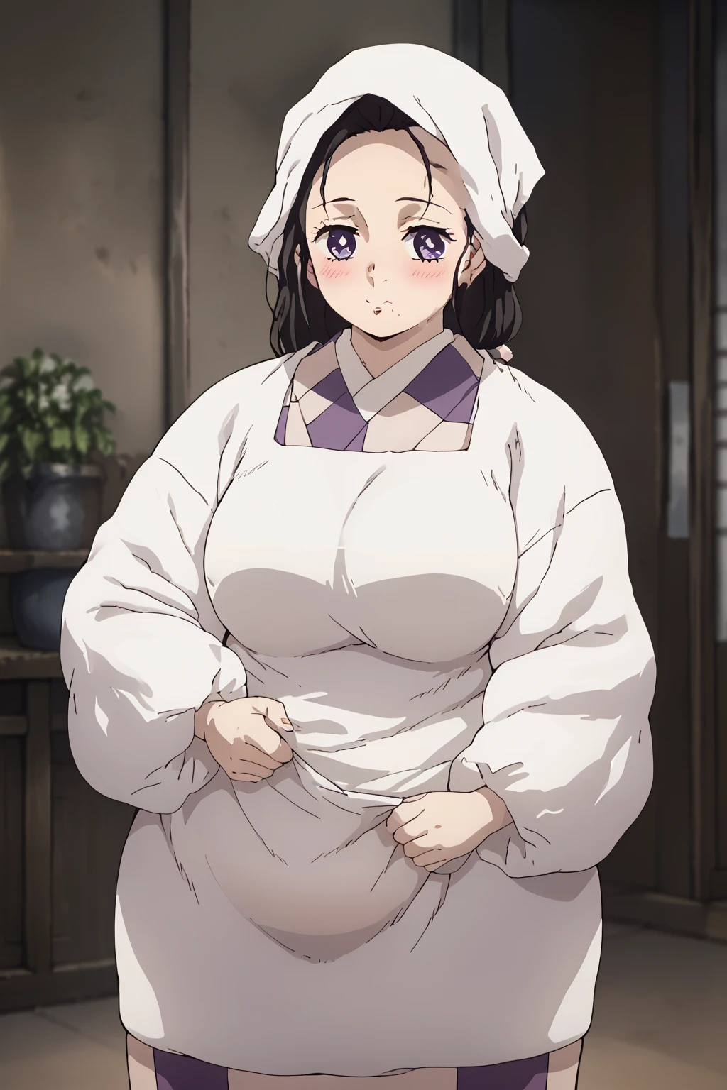  Kamado Aoie , Kamado Kie ,  mature woman, One Woman ,Alone,  purple eyes , black hair, mall under mouth , head scarf ,kimono,Japanese clothing, apron,Kappo, score_9,   score_8_up,   score_7_up,   score_6_up,   score_5_up,   score_4_up,     masterpiece   ,   top quality,     very aesthetic  ,    absurd,    source_Anime, Anime screencap,    one woman , Alone,   personal   ,  Super huge breasts, ((( super huge clevis, Super huge , Super huge boob))), Curvy,   chubby ,  Mature Woman,  chubby, ssbbw,   obese ,blush,  troubled expression、 sloppy stomach、Three-section abdomen、Plump belly、I'm worried about belly fat 、 face forward