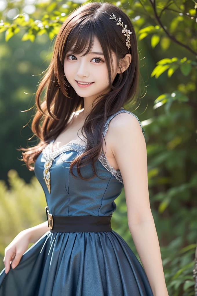  wearing a blue dress with a long skirt,   Japanese idol 、Full dress,  fantasy dress,  Elegant and Attractive Cosplay , Japanese model wearing fantasy style formal attire ,  black shimecut hairstyle,  looking at camera、Detailed and beautiful eyes、 cute smile、 soft and gentle expression 、The background is a deep forest