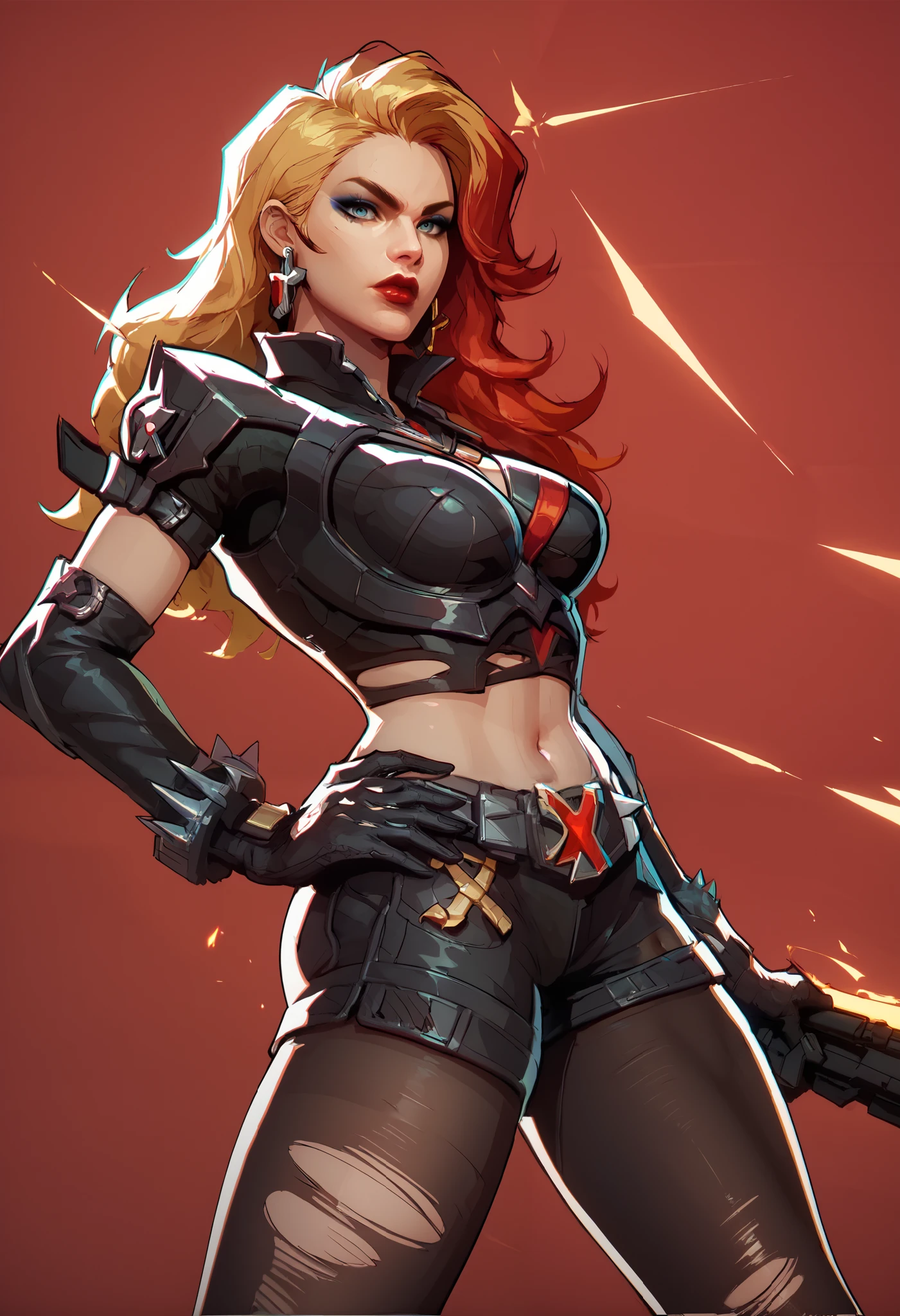 score_9, score_8_up, score_7_up, score_6_up, expressiveh, magik_rivals, 1girl, solo, cowboy shot, blonde hair, long hair, hair accessory, eyeliner, blue eyes, earrings, cropped bodysuit, black bodysuit, armor, belt, gloves, black gloves, black clothes, pauldrons, midriff, navel, short shorts, yellow details, pantyhose, ripped pantyhose, spikes, holding sword, holding weapon, huge weapon, magik sword, glowing sword, yellow sword, weapon, posing, hand on hips, simple background, simple background, geometric shapes score_9, score_8_up, score_7_up, score_6_up, expressiveh, blackwidow_rivals, 1girl, solo, cowboy shot, red hair, asymmetrical hair, headset microphone, eyeliner, blue eyes, red lips, bodysuit, black bodysuit, gloves, black gloves, forearm guns, black clothes, red details, red glow, baton_(weapon), holding weapon, sniper rifle, holding sniper rifle, huge weapon, posing, hand on hips, red sparks, red background, geometric shapes, looking at viewer, geometric pattern on background
