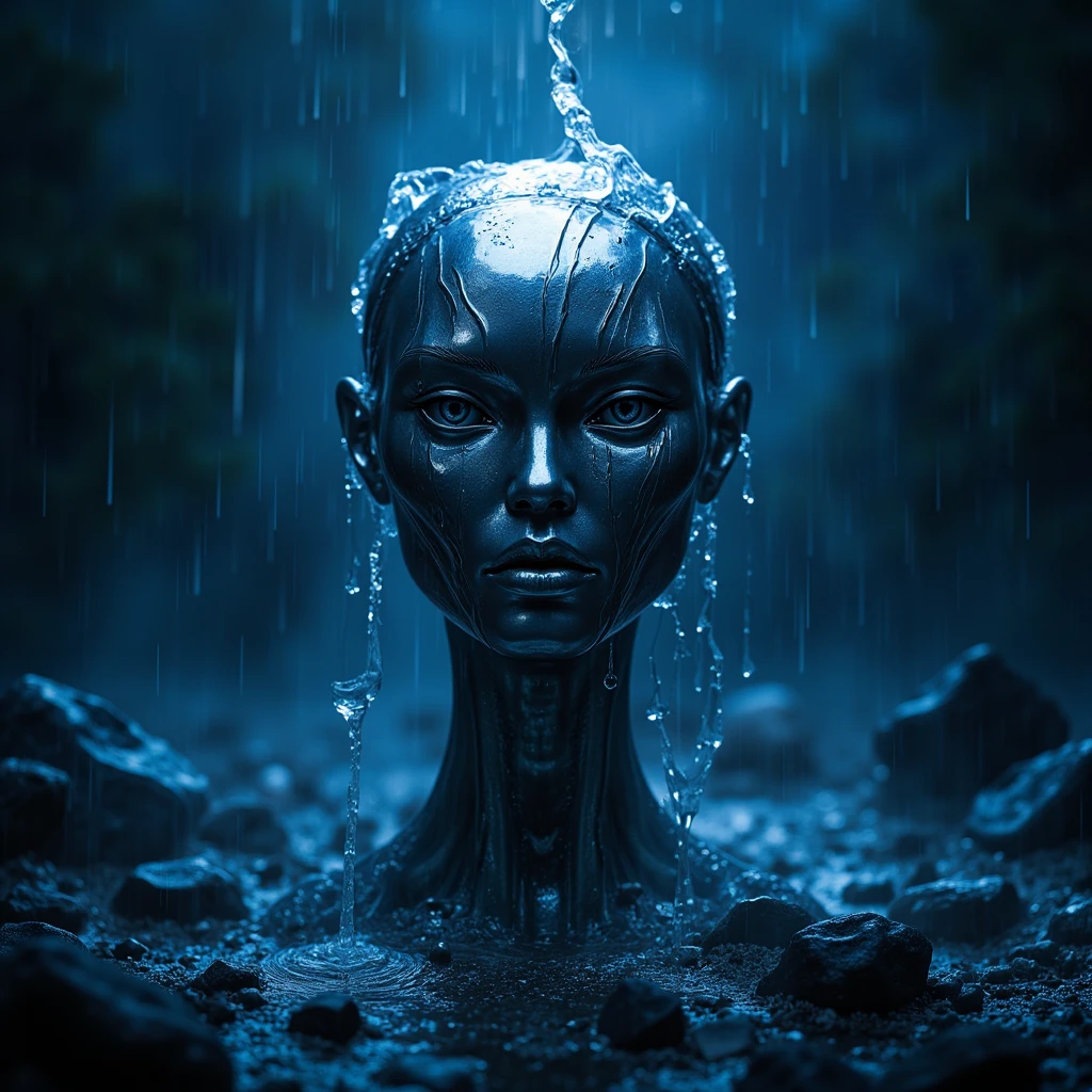 Book cover : dark ethereal blue , Foreground is a metal head sculpture with water dripping down from its head