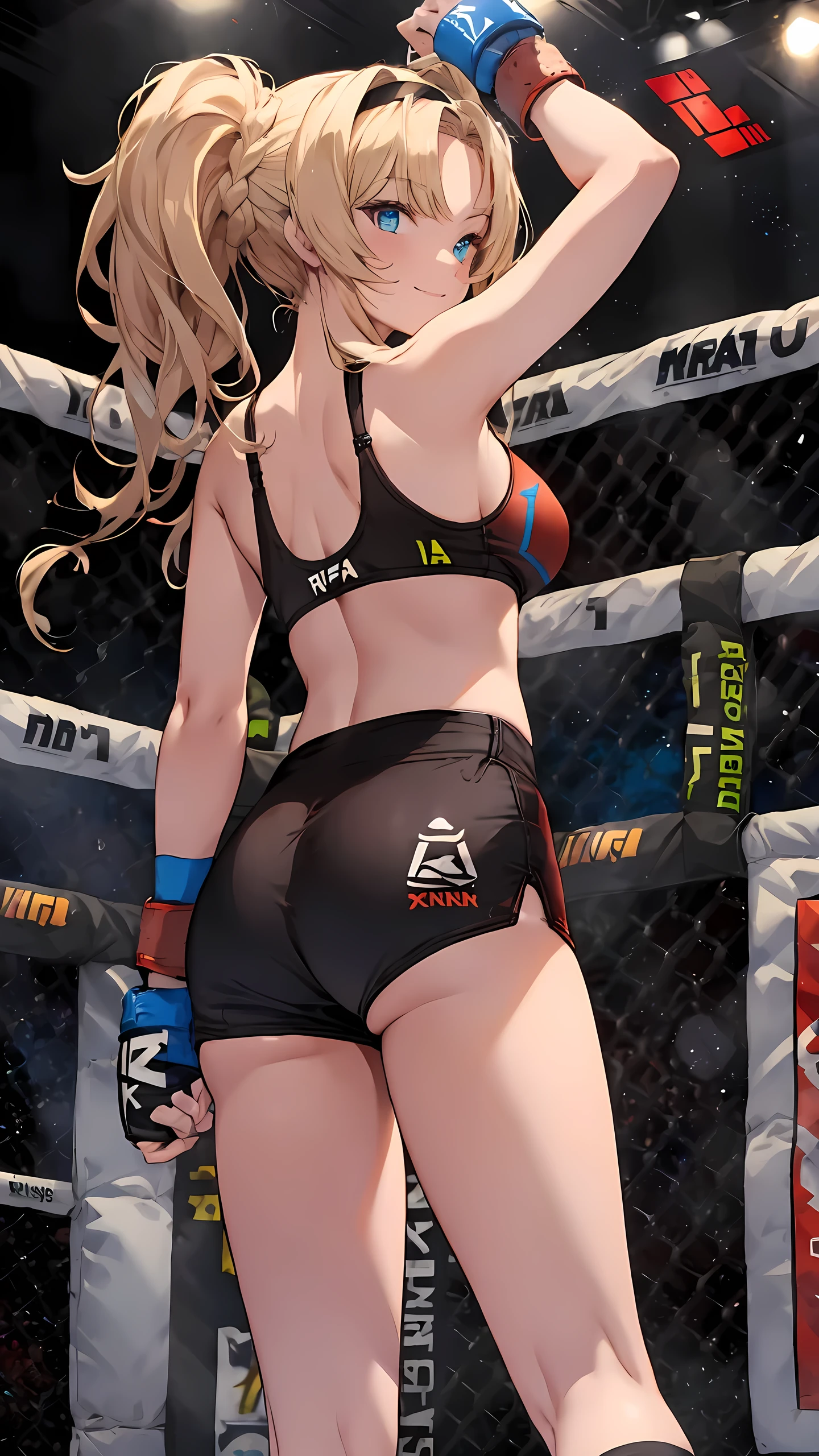 zetadef, braid, hair intakes, twintails, hairband,
Detailed eyes,(wearing sports wear:1.5, bare thigh), slim long legs, large breast, Perfect body,(Independent),(on MMA Arena :1.5), smirking, Toned body, Ultra HD,Detailed eyes,Detailed face, cowboy shot, looking at viewer,(from behind below), twisting the waist, stretch back,