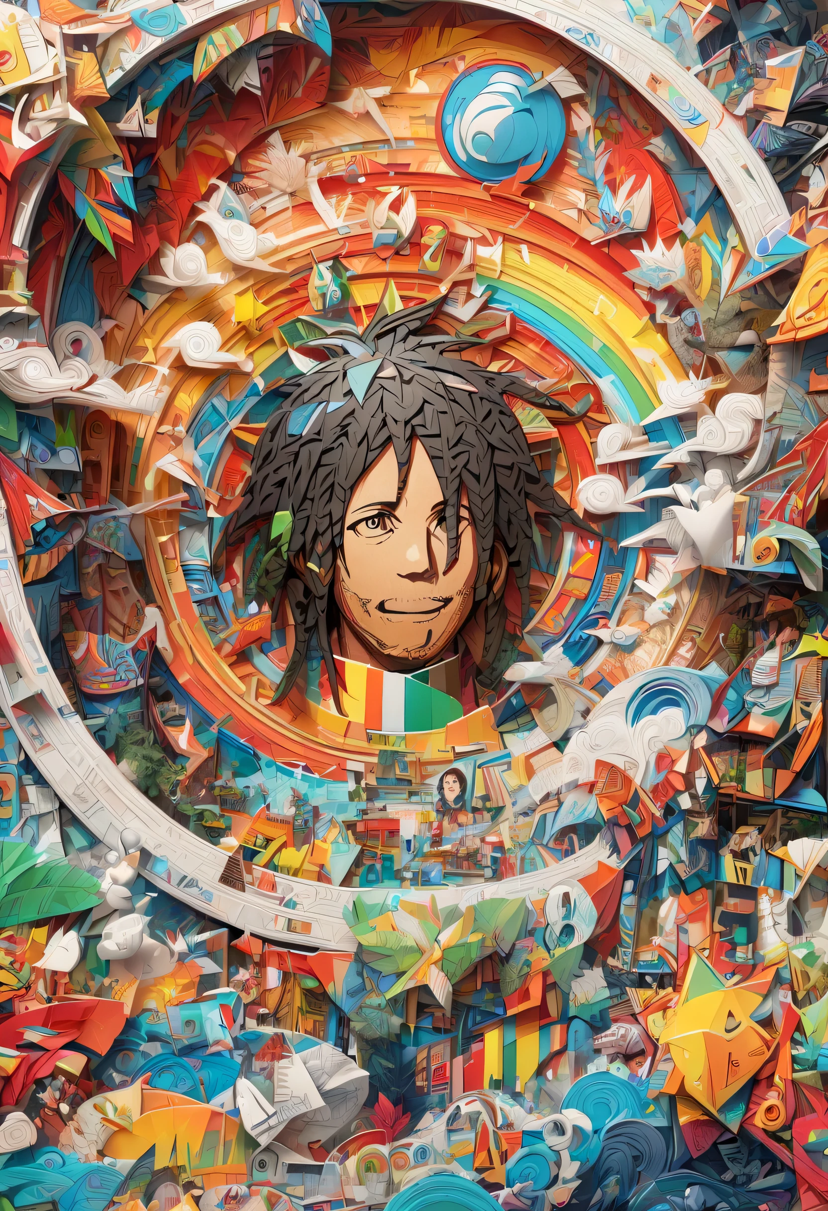 paper carving、Bob Marley, colorful 、Three-dimensional、 deep composition、