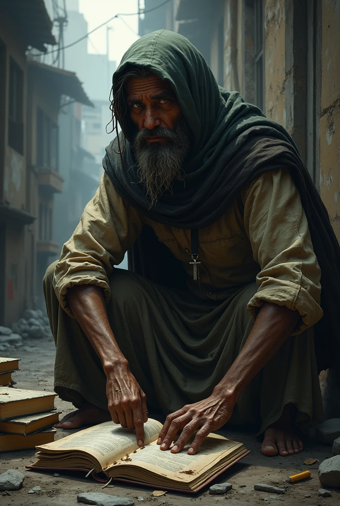 portrait drawn on paper of a medieval merchant after surviving a fire, dressed in threadbare clothes with burns on his face and blood on his arms, sitting by the roadside, sad and tired, dark grim tone, this is a dnd npc