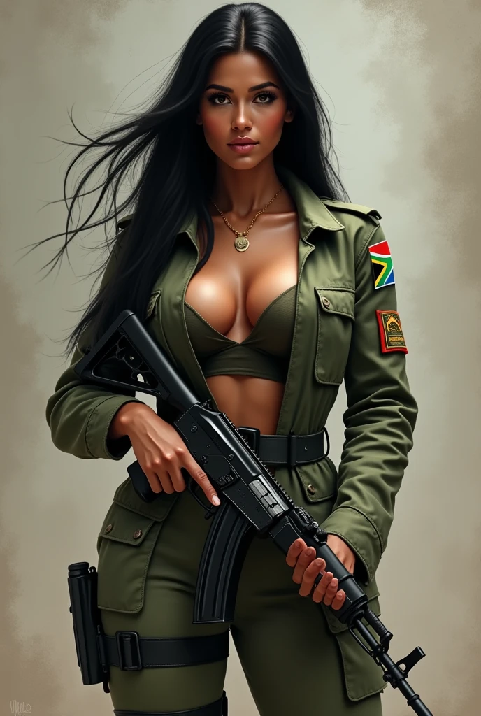 a dark-skinned ebony woman with large breasts, braided hair, wearing camouflage pants and a military jacket, hyper-realistic, extremely detailed, masterpiece, 8k, photorealistic, cinematic lighting, dramatic pose, powerful, intense gaze, muscular physique, military theme, nature background, lush foliage, epic, cinematic composition