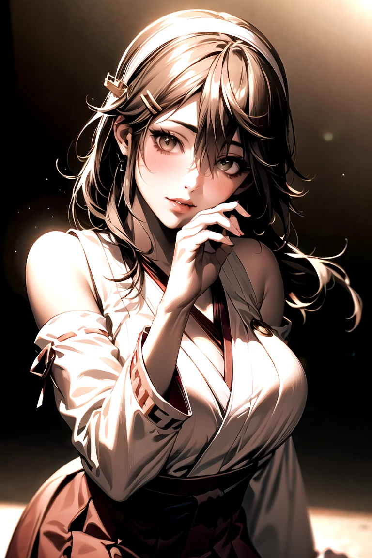 ((Biologically correct limb count))、(( whole body including face))、4K、Masterpiece、((Focus on the face))、((Symmetrical, well-proportioned facial features))、Eyes with delicate depictions、(((1 person)))、Beautiful woman、Outstanding style、Slender Body、(High heels with anklets)、(((Haori、Hakama)))、(((White frame photo)))、((Looking up))、(((Iaido stance)))、High angle、(Shy)、Upper body close-up、