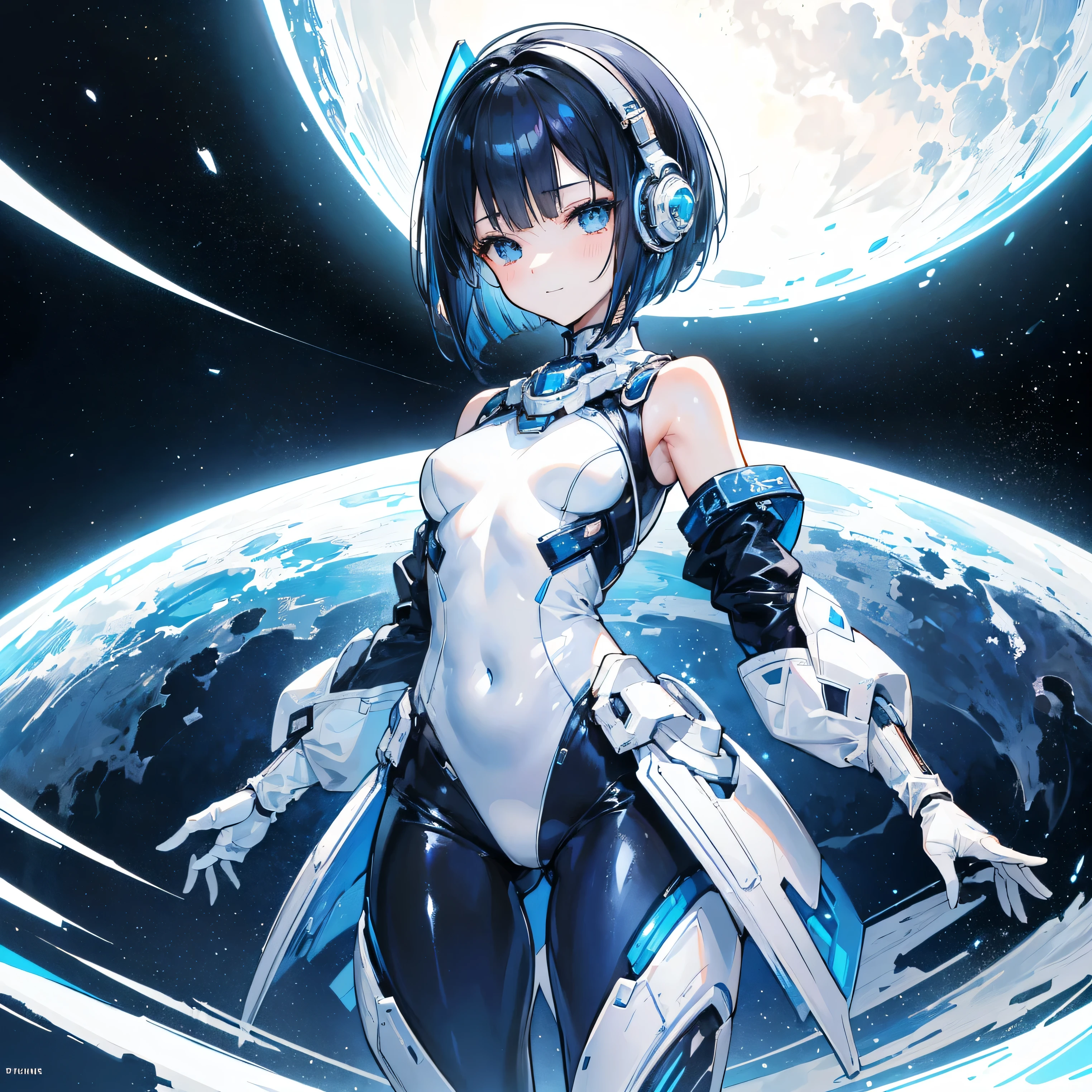 (masterpiece、highest quality、highest resolution、clear_image、detailed details、Angle from above): (full body figure、One 20 year old girl、Japanese faces、small face、Slender、Navy blue super short bob cut hair、(hidden small breasts:1.3)、sparkling blue eyes、Shiny pilot suit in blue and black colors、armor that protects the chest、tight fitting clothes、clothes that cover the whole body、shiny clothes、tight fit pants、hide the skin、very delicate and beautiful、detailed skin、hide thighs、hide your butt、cute type、gentle smile、soft expression、heroine、headset、Knee-high boots、gloves up to the elbow、eye level shot、facing directly、woman on a spaceship)