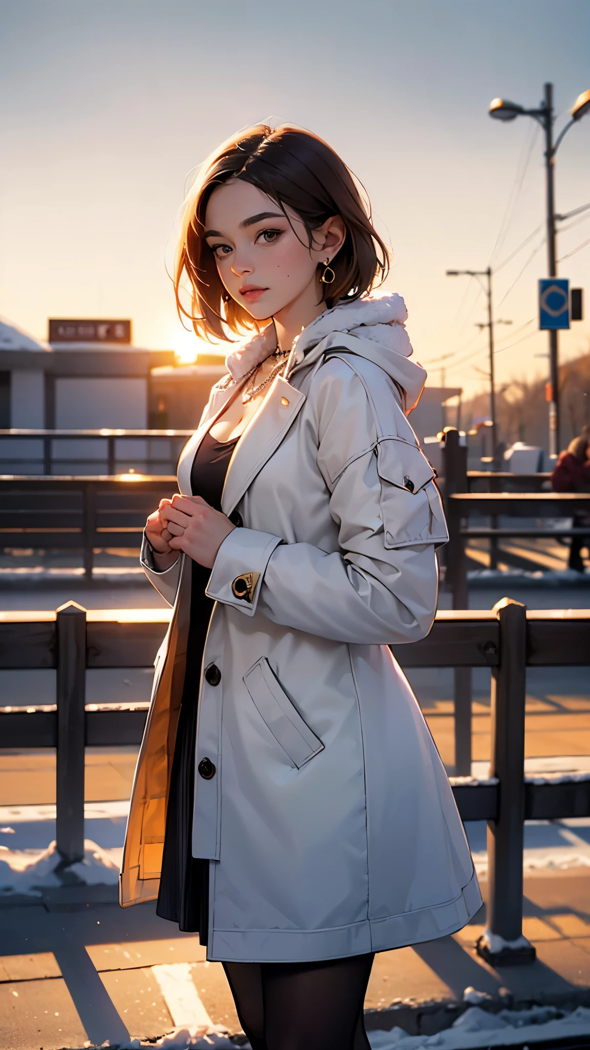 1girl, pretty, cute face, most beautiful in the world, soft, delicate, standing, warming own hands, in winter, she is waiting for, looking at viewer, (((HD photo))), ultra high res, photorealistic:1.4, UHD, masterpiece, trending on artstation, portrait, closeup of face and cleavage, (brown hair, short hair, detailed description), detailed sharp face, detailed skin, (wearing a necklace and earrings), (wearing a white winter coat, BREAK sweater, brown long skirt, pantyhose), perfect description, (beautiful sunset, winter, at station platform)