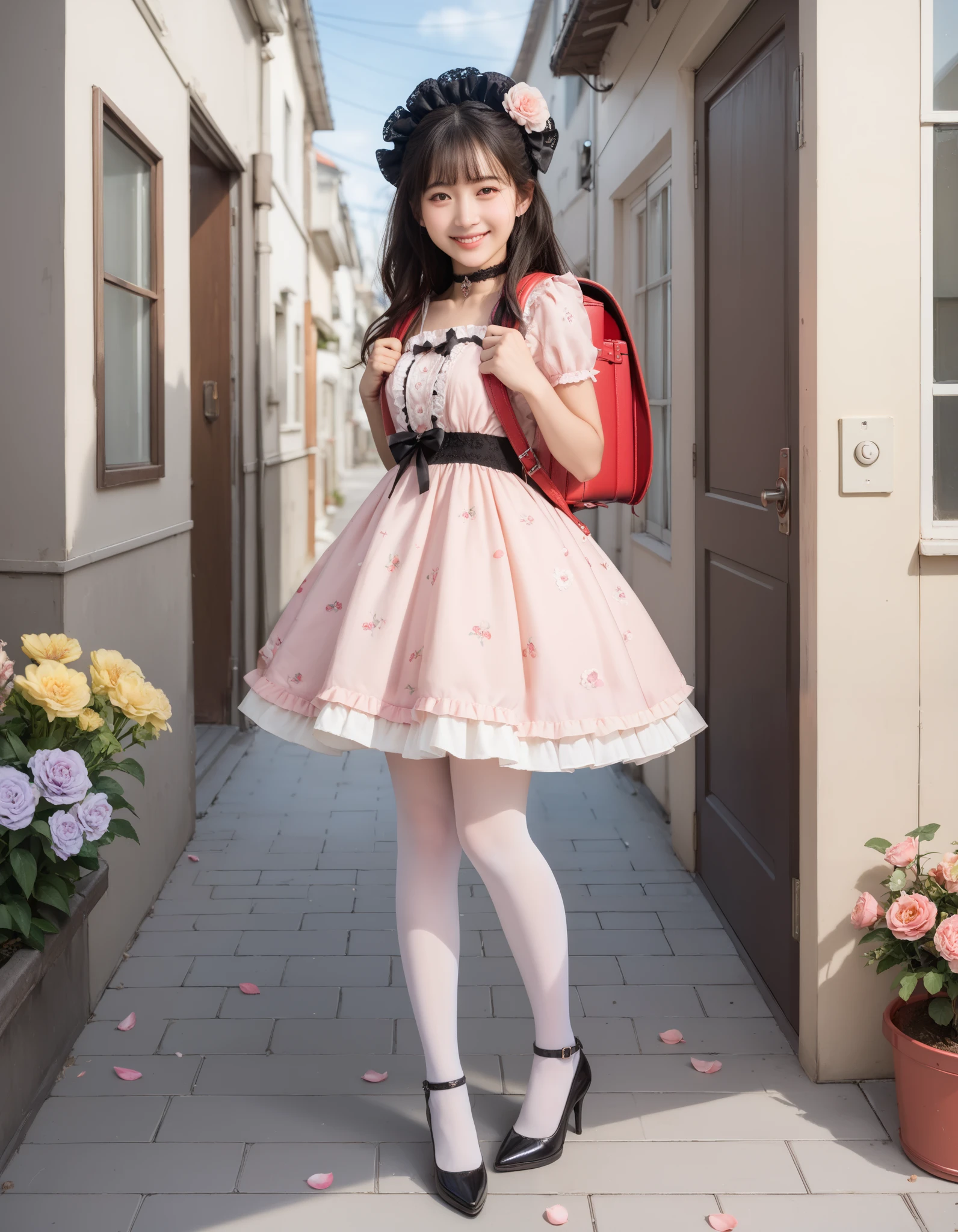 Masterpiece, hd, realistic, 1girl,  smile, looking at viewer, in doors, spring,pink dress, gothic dress, black hair, long hair, hair ornaments, brown eyes, glowing eyes,  long hair, white thighhighs, high heels, frilled dress,  detailed face, petals, flower patterned dress,  choker, Outdoor, street, kawaii, wearing Randoseru backpack, red backpack 