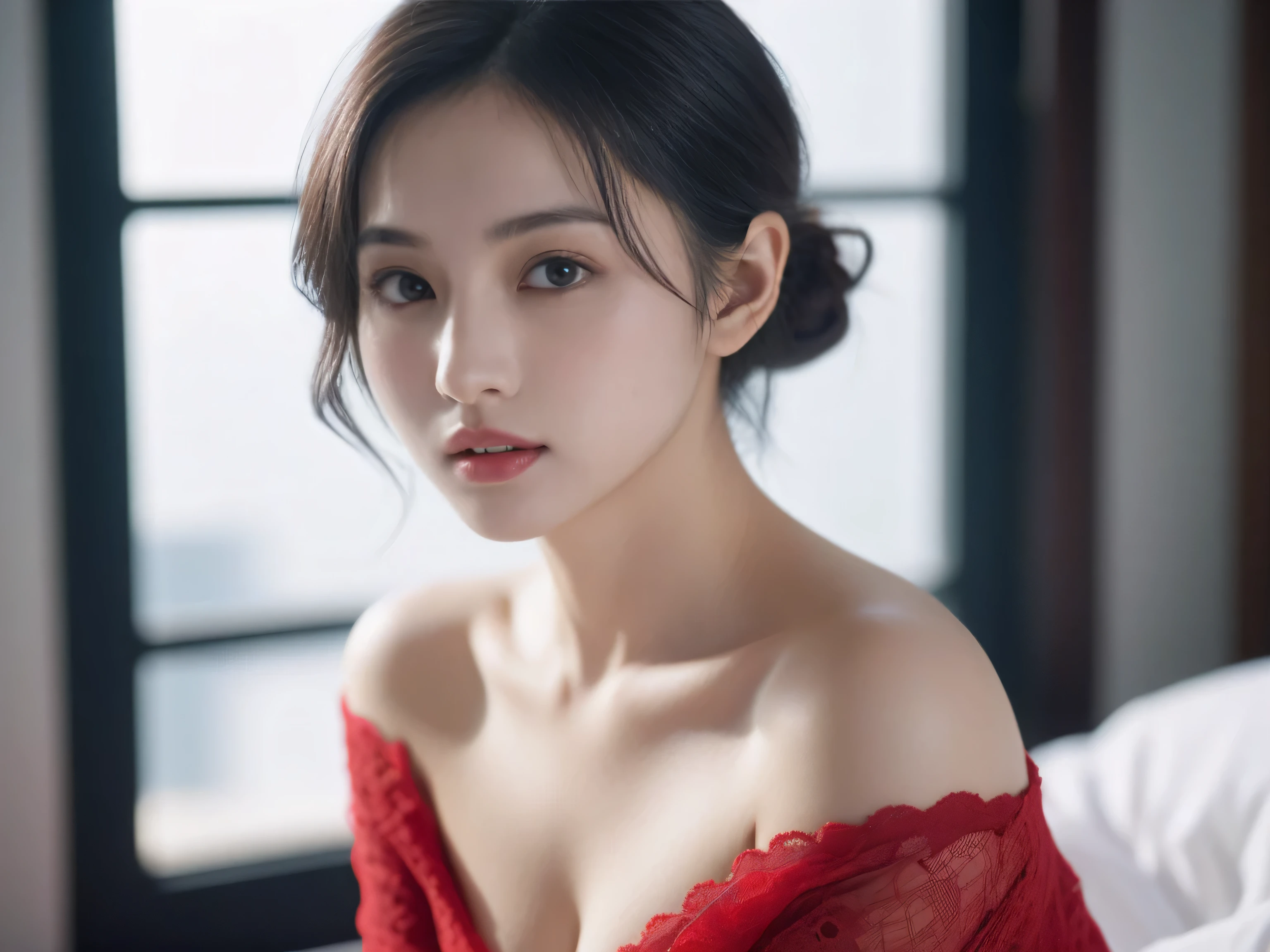 Night shot,A girl wearing a red silk cheongsam,Girl's hair style,Delicate and fair skin,Fine hair,Big bright eyes,Long eyelashes,Simple hair accessories,Tassel earrings,Oval face,Light eyeshadow and blush,Red lips,Delicate,Delicate clavicle,Full and firm breasts,Model figure,Curvy figure,Perfect body proportions,Thin waist,Detailed clothing details,Realistic,Look at the camera, masterpiece, RAW photo, 8k resolution, realistic, exquisitely detailed skin, masterpiece, best quality, unity 8k wallpaper, ultra detailed, cinematic look, natural skin texture, extremely realistic skin texture, finely detailed face,(film grain:1.2),cinematic angle, Fujifilm XT3, (highly detailed), (detailed lighting),(contrast),(mysterious atmosphere),vivid illumination, masterful technique, harmonious composition, immersive atmosphere, stunning visuals, best quality, official art, extremely detailed CG, highly detailed,