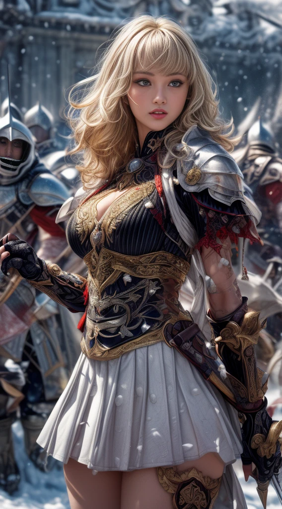 Very beautiful woman、Slender women、(Detailed face)、Realistic Skin、((Holy Knight)), ((Pearl White Armor))、((((A black armor with extremely detailed and intricate decoration.:1.1))))、((Delicate photo)),(Girl Astepeace RAW Photo Details:1.25), (Highest quality:1.6), (Ultra-high resolution:1.5), (Realistic:1.75), 8K resolution, Canon EOS R5, 50mm, Absurd, Super detailed,Cinema Lighting,((Fightfield))、((Fight))、(((White skirt with embellishments)))、Thigh-high socks、Shingard、((blonde))、((Curly Hair))、((Drill Hair))、((Short hair with bangs and wavy hair,))、Get a six pack、Cape、Beautiful Armor、(((Has a huge weapon)))、(In combat)、The wind is blowing、((Symmetrical armor))、((((Blizzard))))、(((Lead a large group of knights:1.2)))、banner、(((Battle Scenes)))、((Browsing Caution:1.2))、(((I can see her panties:1.4)))、、((Skirt lift in the wind))