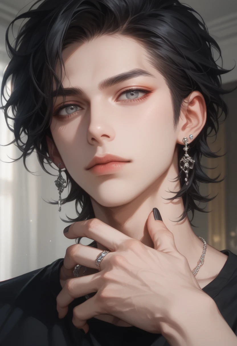 (score_9, score_8_up), score_7_up, adult male, shirt, black hair, 1boy, grey eyes, upper body, male focus, earrings, focus, chest, nail polish, black nails, out of frame, reality 